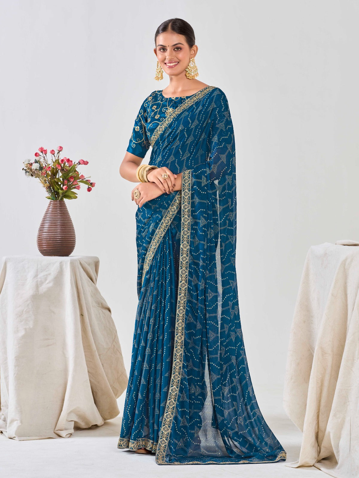 Navy Blue Chiffon Georgette Foil Printed Saree With Embroidered Blouse