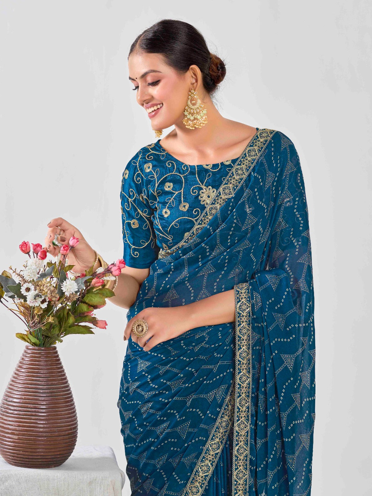 Navy Blue Chiffon Georgette Foil Printed Saree With Embroidered Blouse