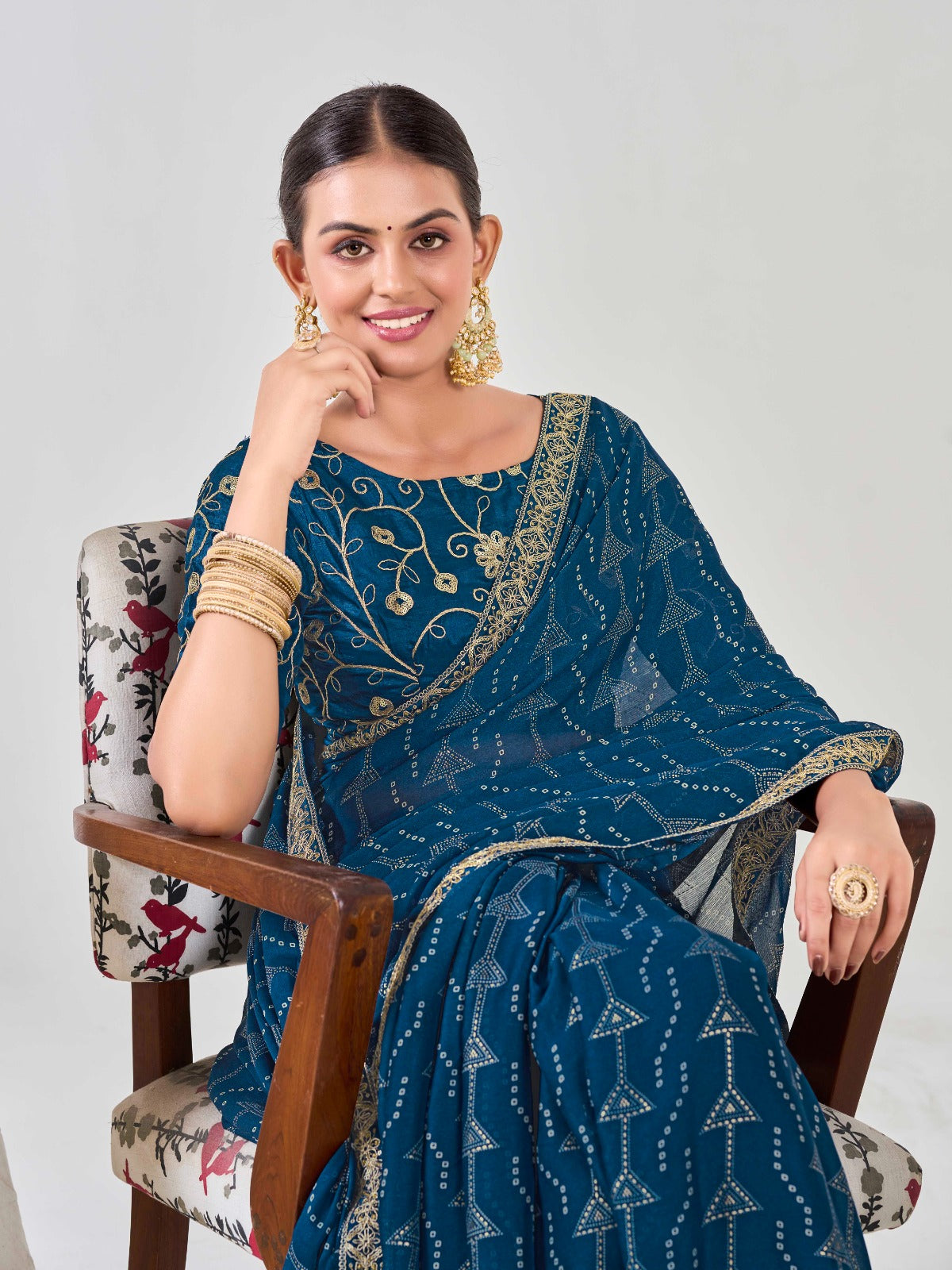 Navy Blue Chiffon Georgette Foil Printed Saree With Embroidered Blouse