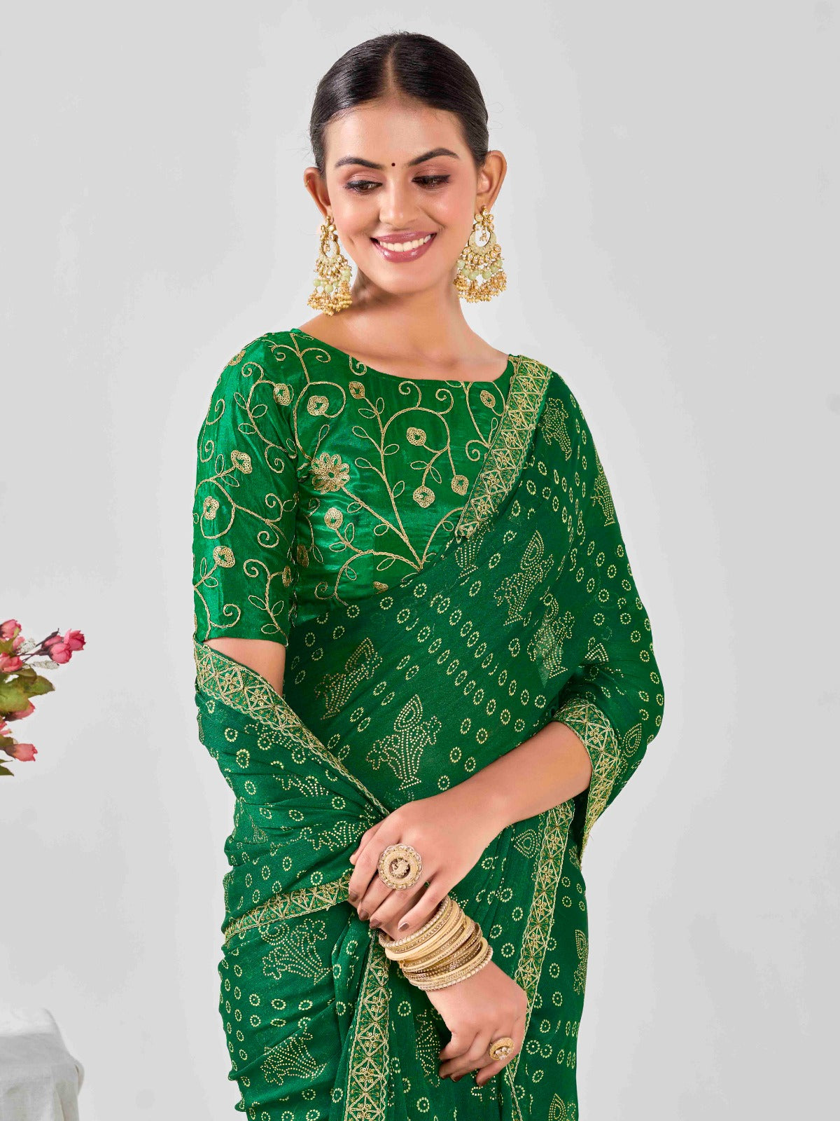 Green Chiffon Georgette Foil Printed Saree With Embroidered Blouse