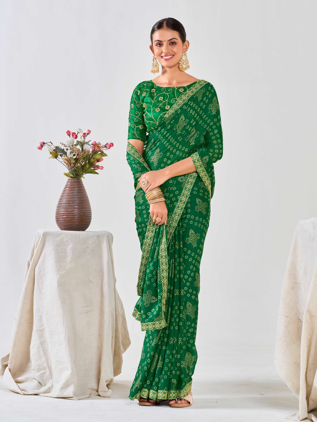 Green Chiffon Georgette Foil Printed Saree With Embroidered Blouse