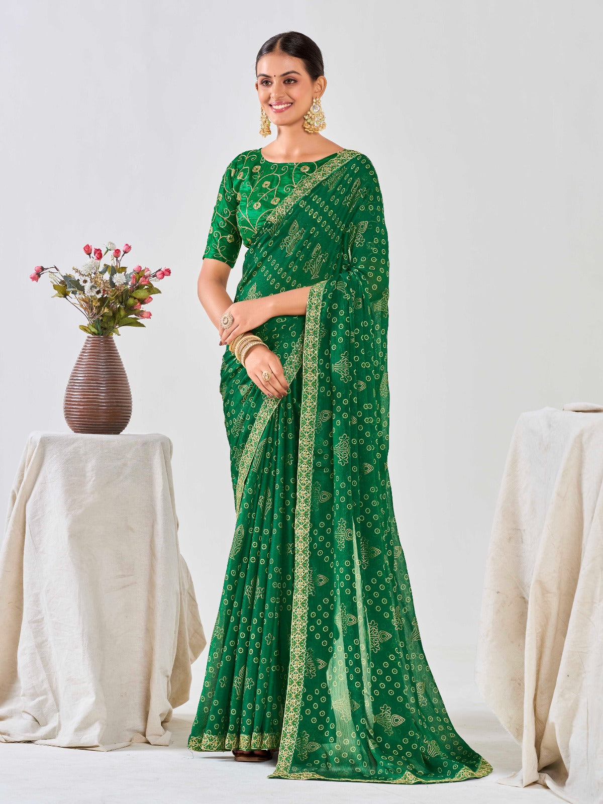 Green Chiffon Georgette Foil Printed Saree With Embroidered Blouse