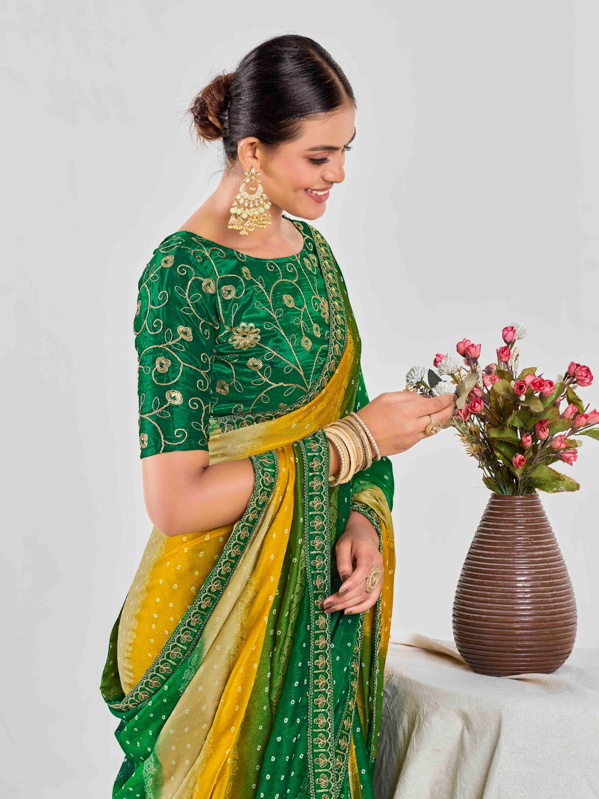 Green & Mustard Chiffon Georgette Foil Printed Saree With Embroidered Blouse