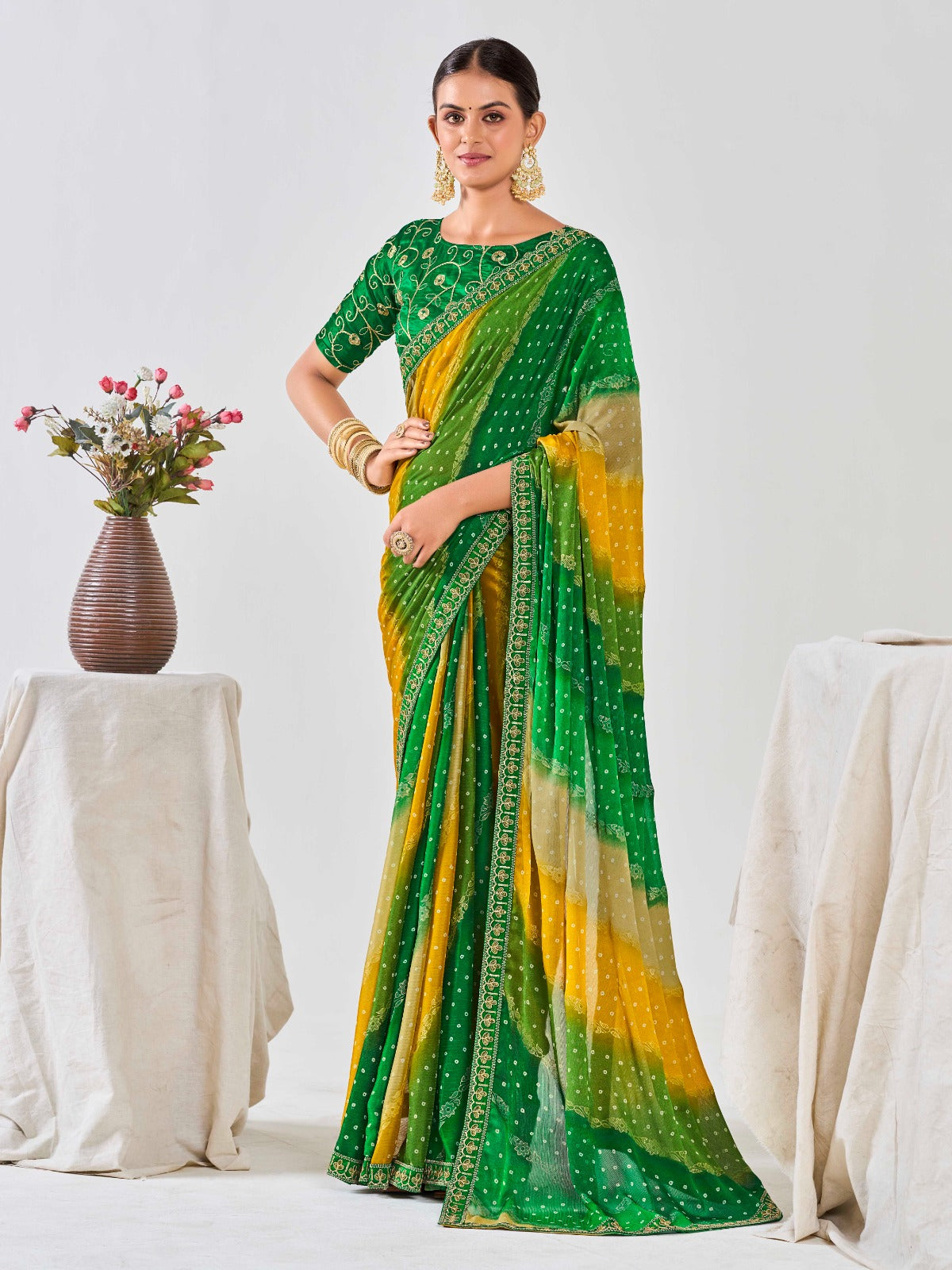 Green & Mustard Chiffon Georgette Foil Printed Saree With Embroidered Blouse