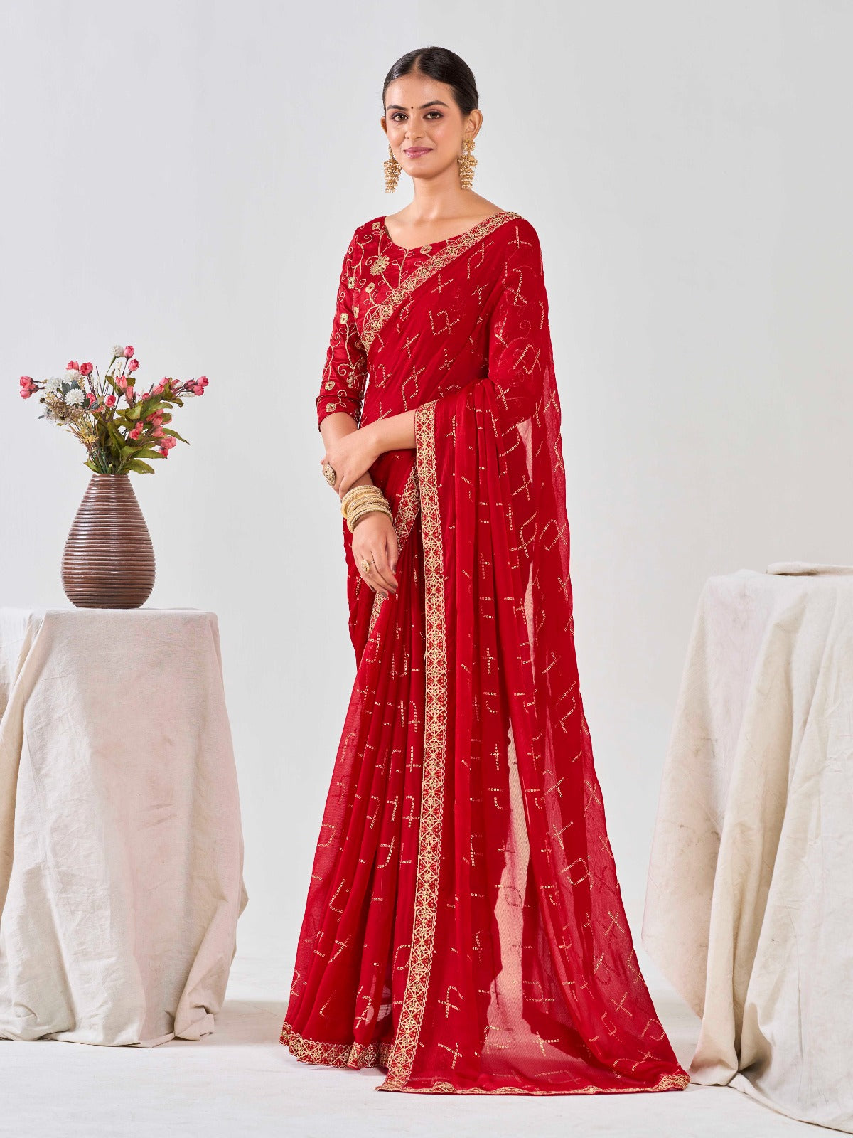 Red Chiffon Georgette Foil Printed Saree With Embroidered Blouse