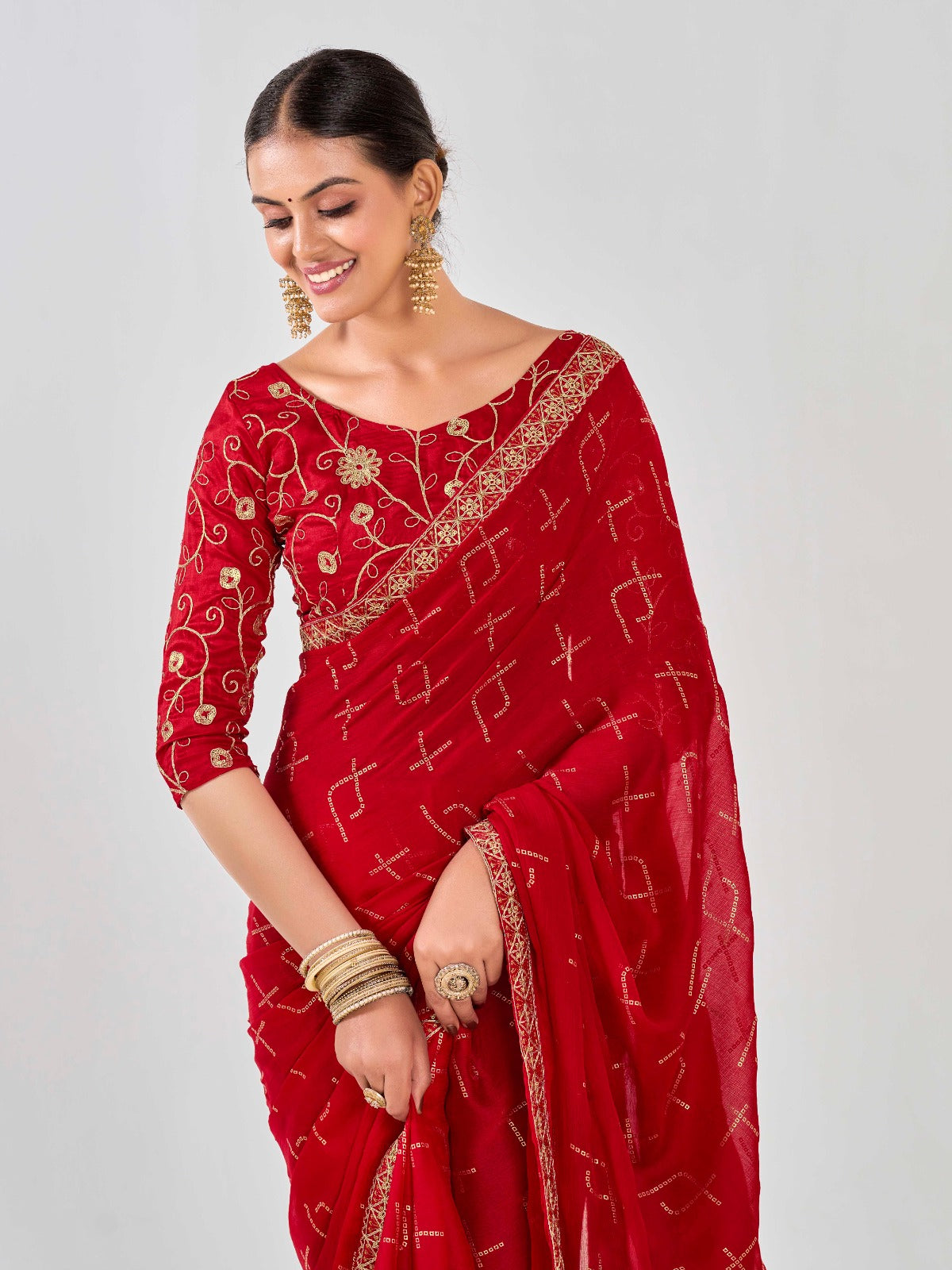 Red Chiffon Georgette Foil Printed Saree With Embroidered Blouse