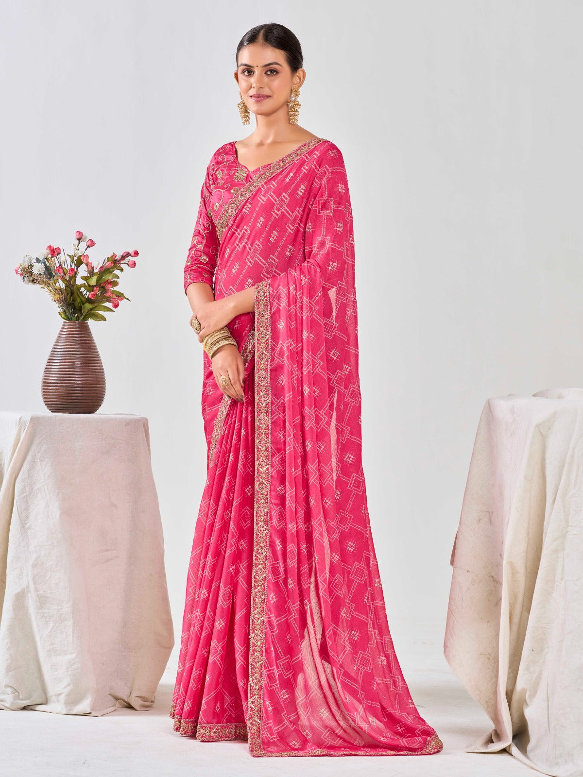 Pink Chiffon Georgette Foil Printed Saree With Embroidered Blouse