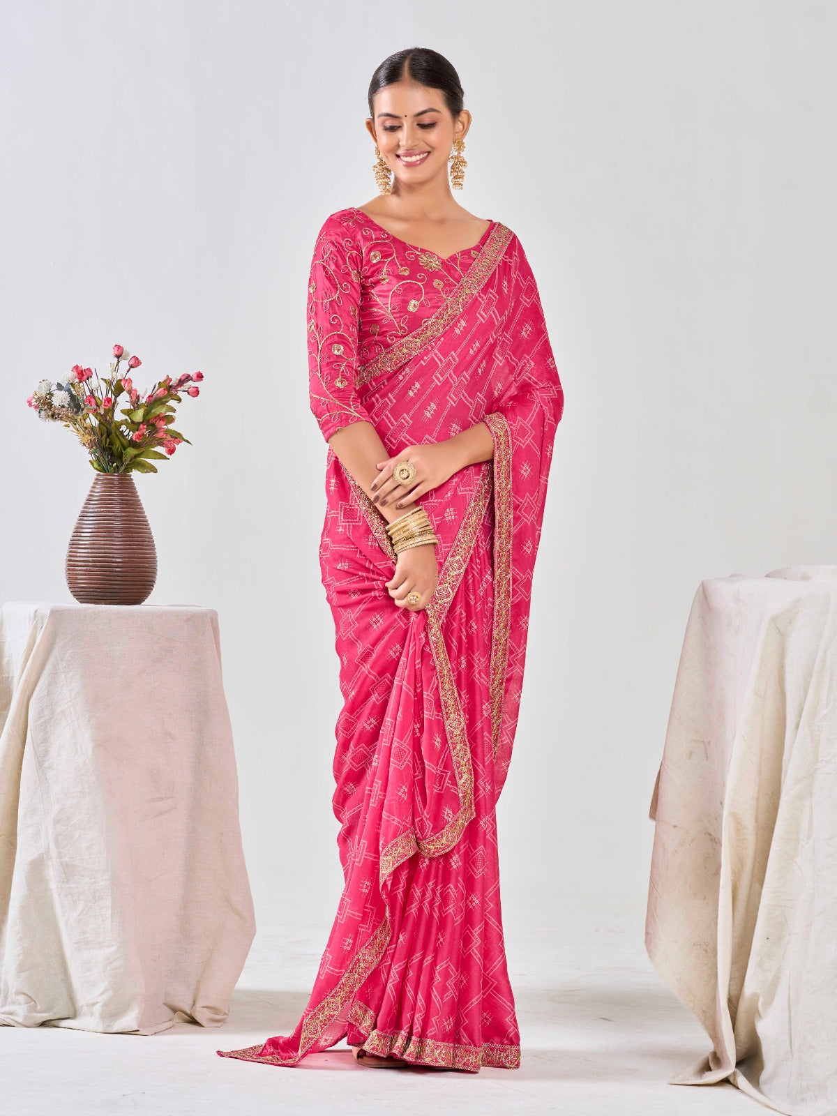 Pink Chiffon Georgette Foil Printed Saree With Embroidered Blouse