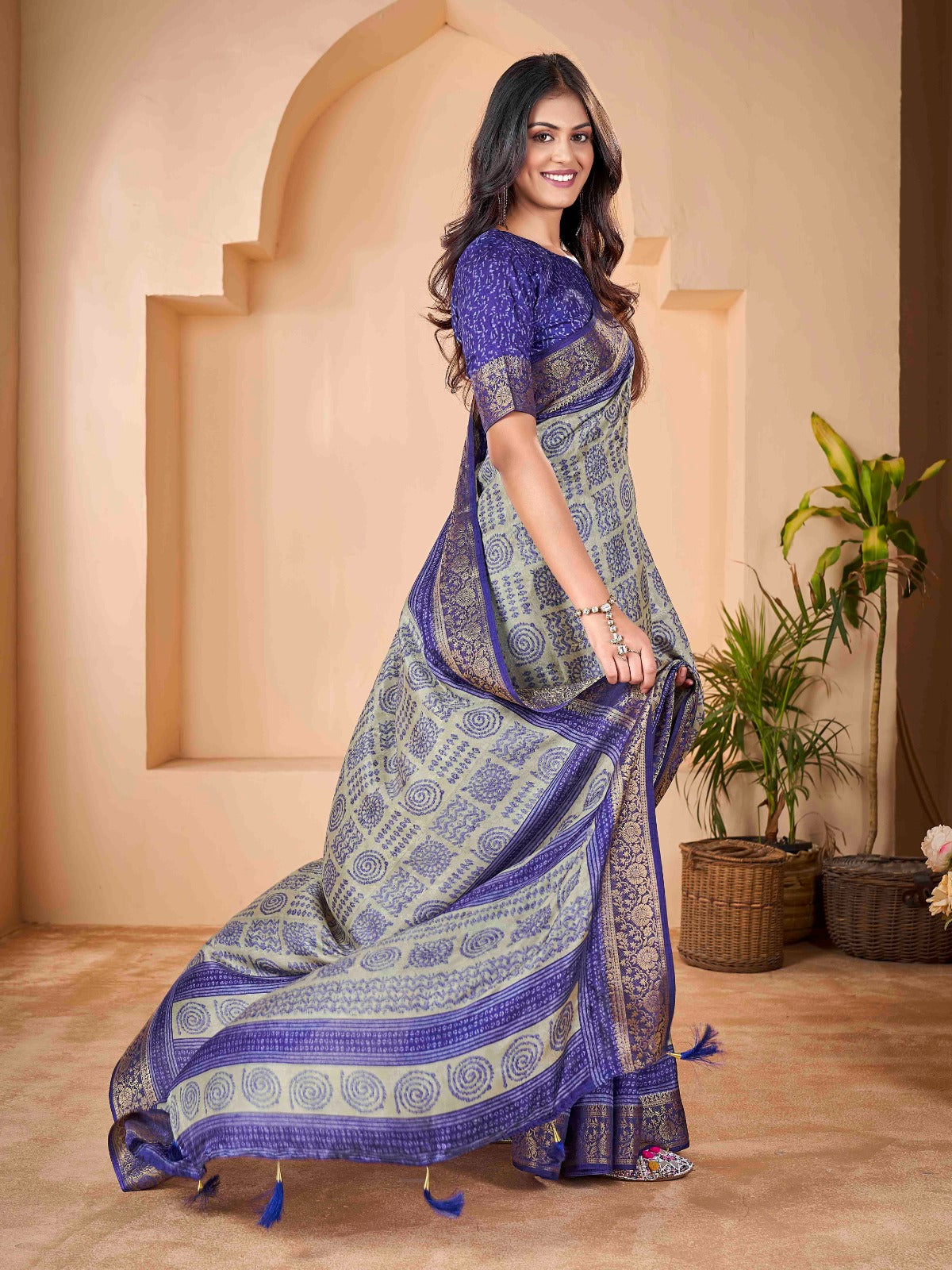 Blue Tussar Silk Self Jacquard Designer Saree