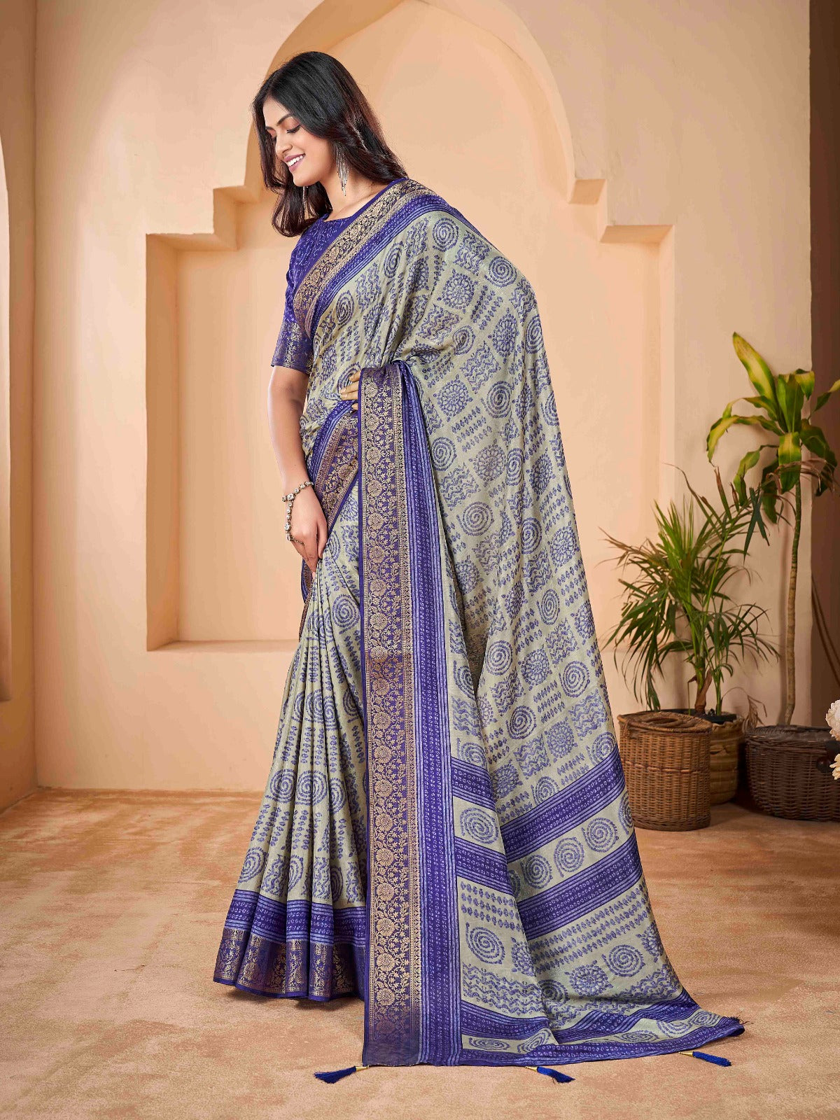 Blue Tussar Silk Self Jacquard Designer Saree