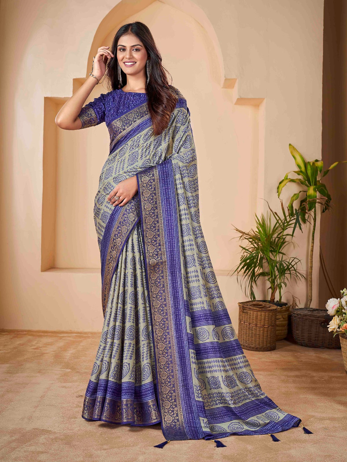 Blue Tussar Silk Self Jacquard Designer Saree