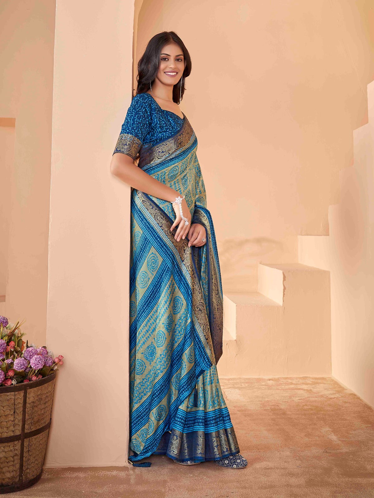 Turquoise Blue Tussar Silk Self Jacquard Designer Saree