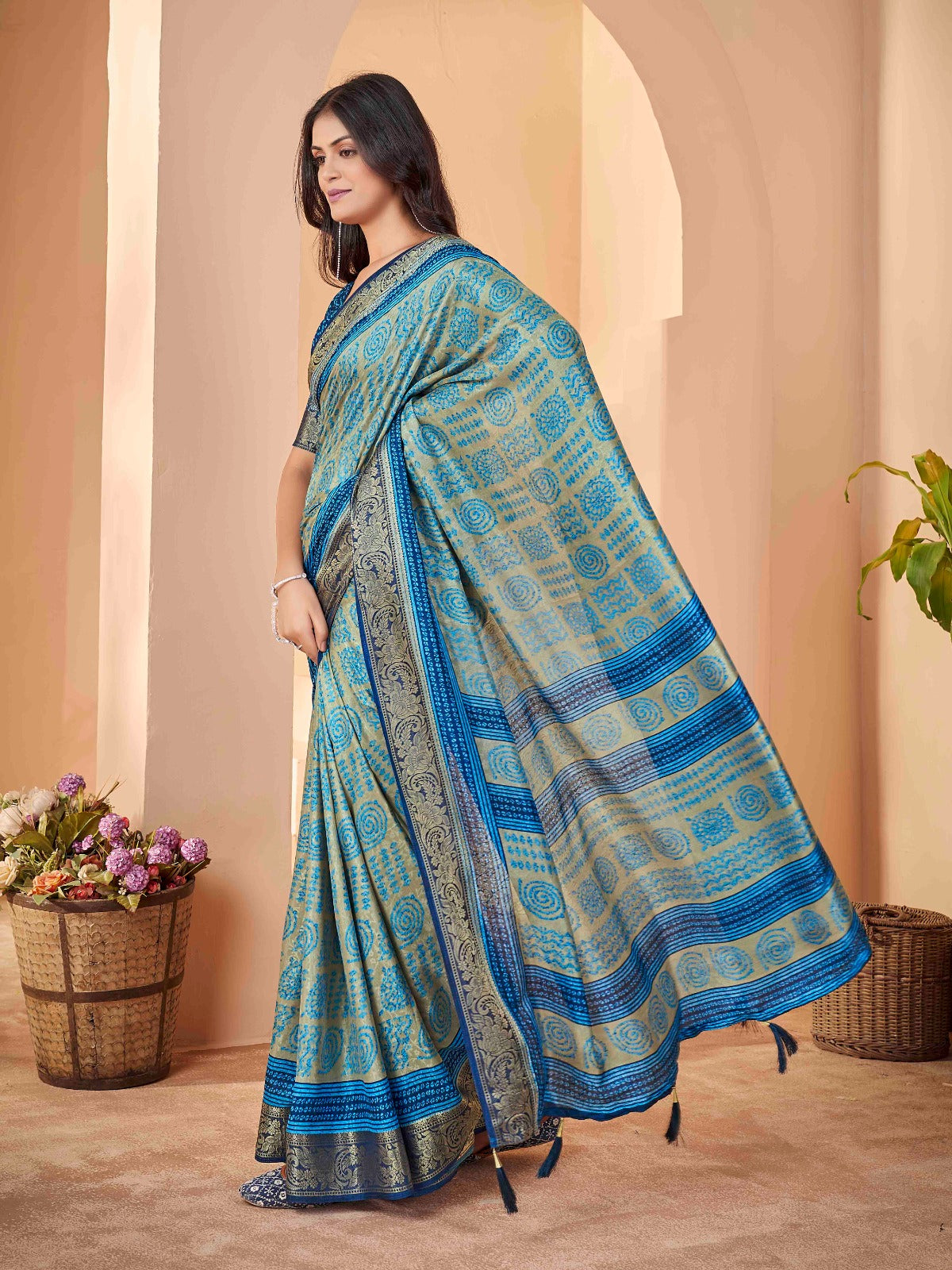 Turquoise Blue Tussar Silk Self Jacquard Designer Saree