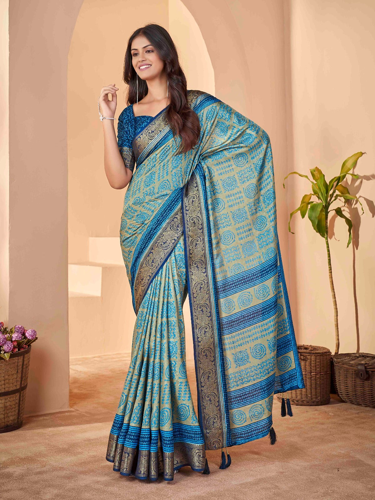 Turquoise Blue Tussar Silk Self Jacquard Designer Saree