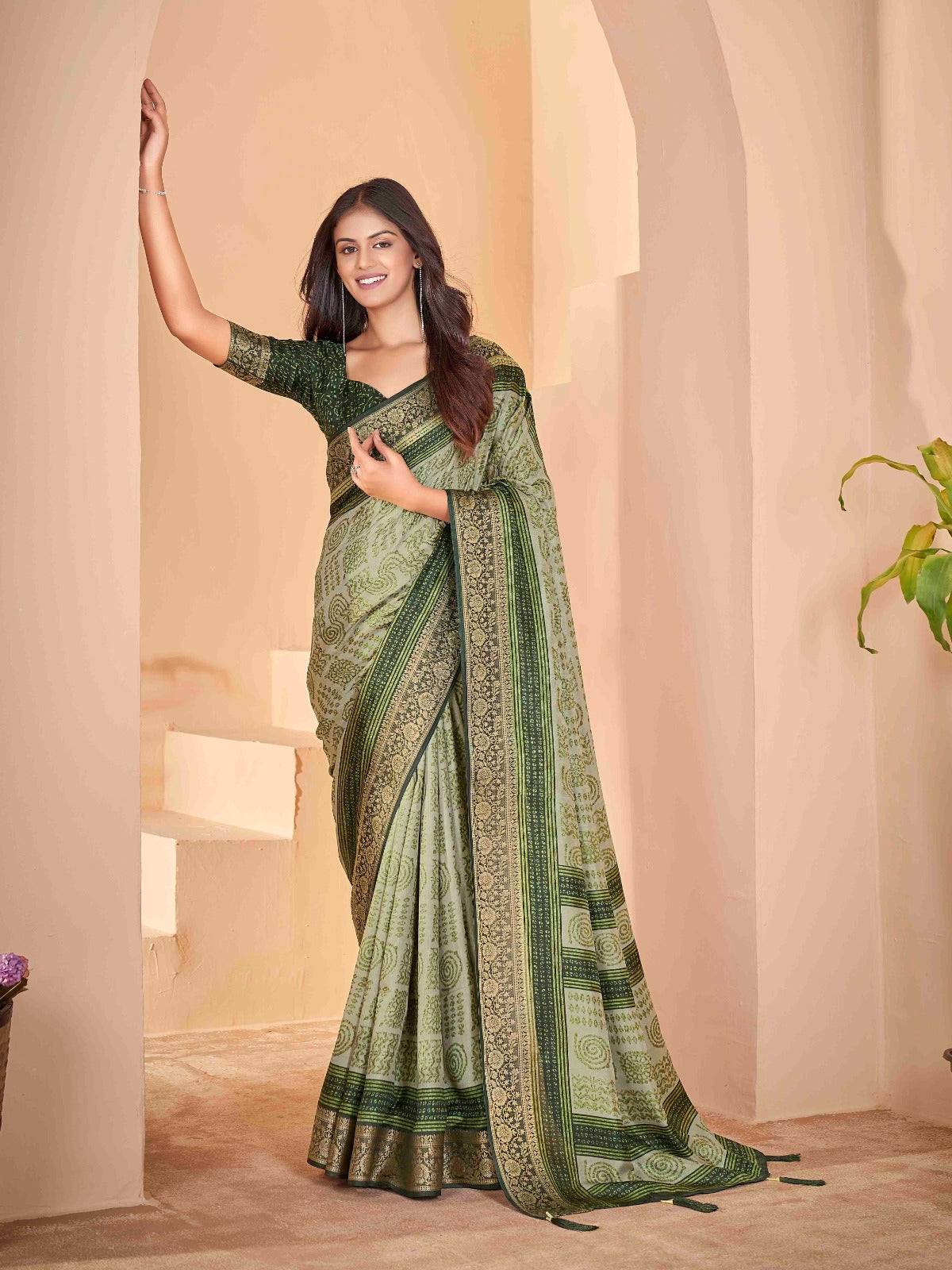 Olive Green Tussar Silk Self Jacquard Designer Saree