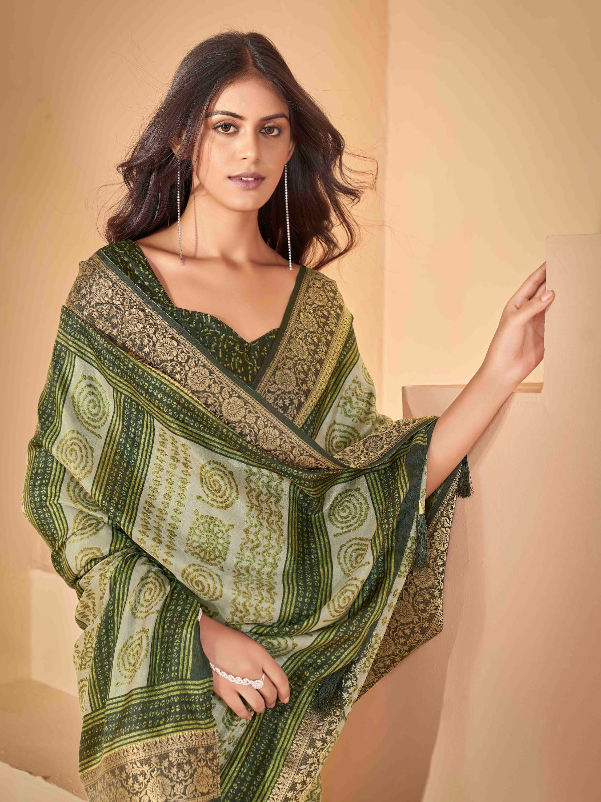 Olive Green Tussar Silk Self Jacquard Designer Saree