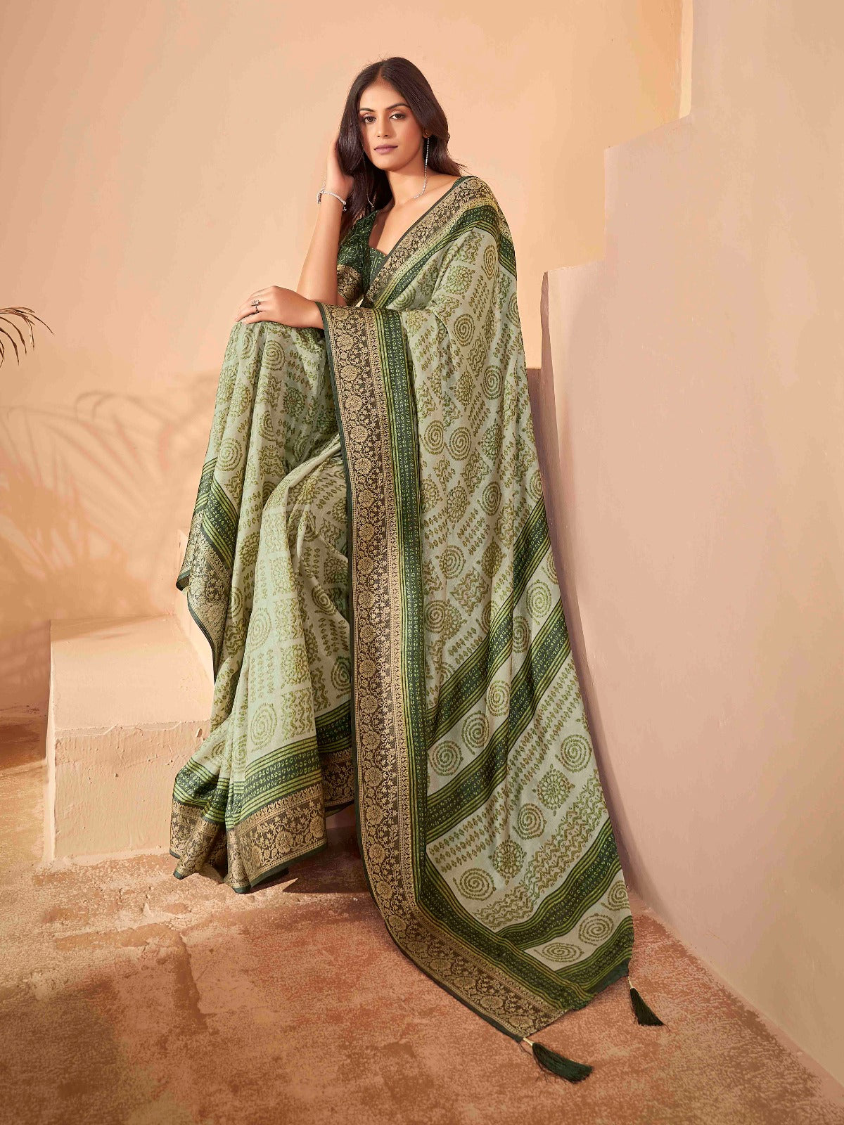 Olive Green Tussar Silk Self Jacquard Designer Saree