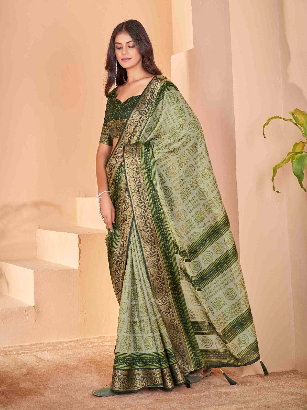 Olive Green Tussar Silk Self Jacquard Designer Saree