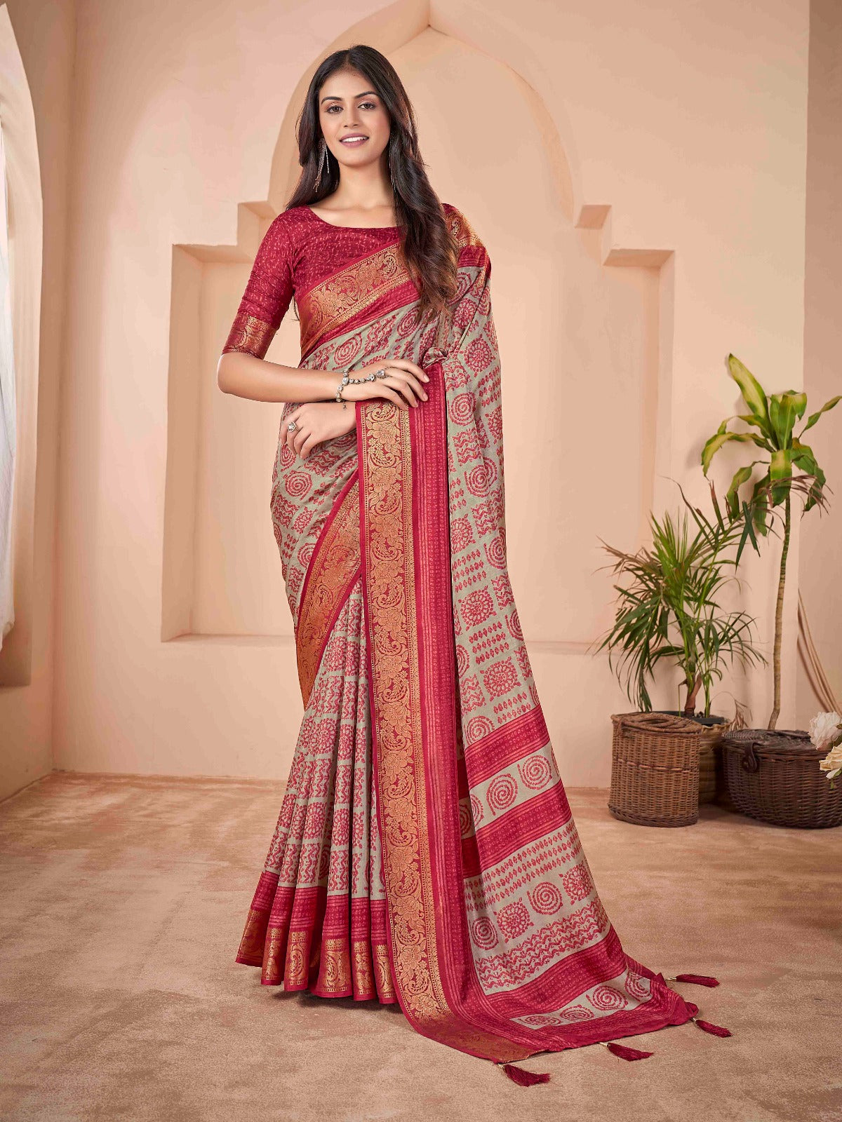 Red Tussar Silk Self Jacquard Designer Saree