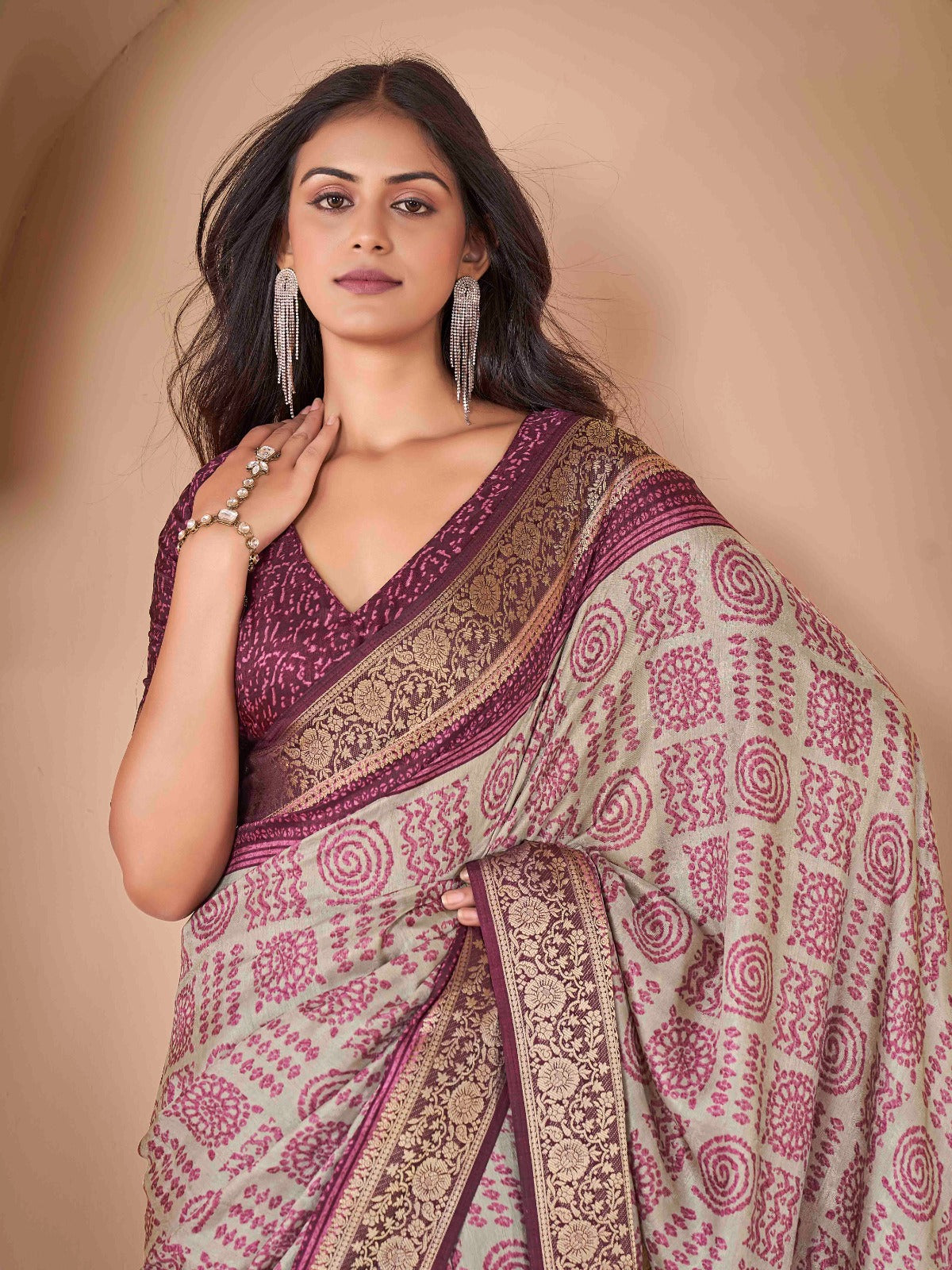 Wine Tussar Silk Self Jacquard Designer Saree