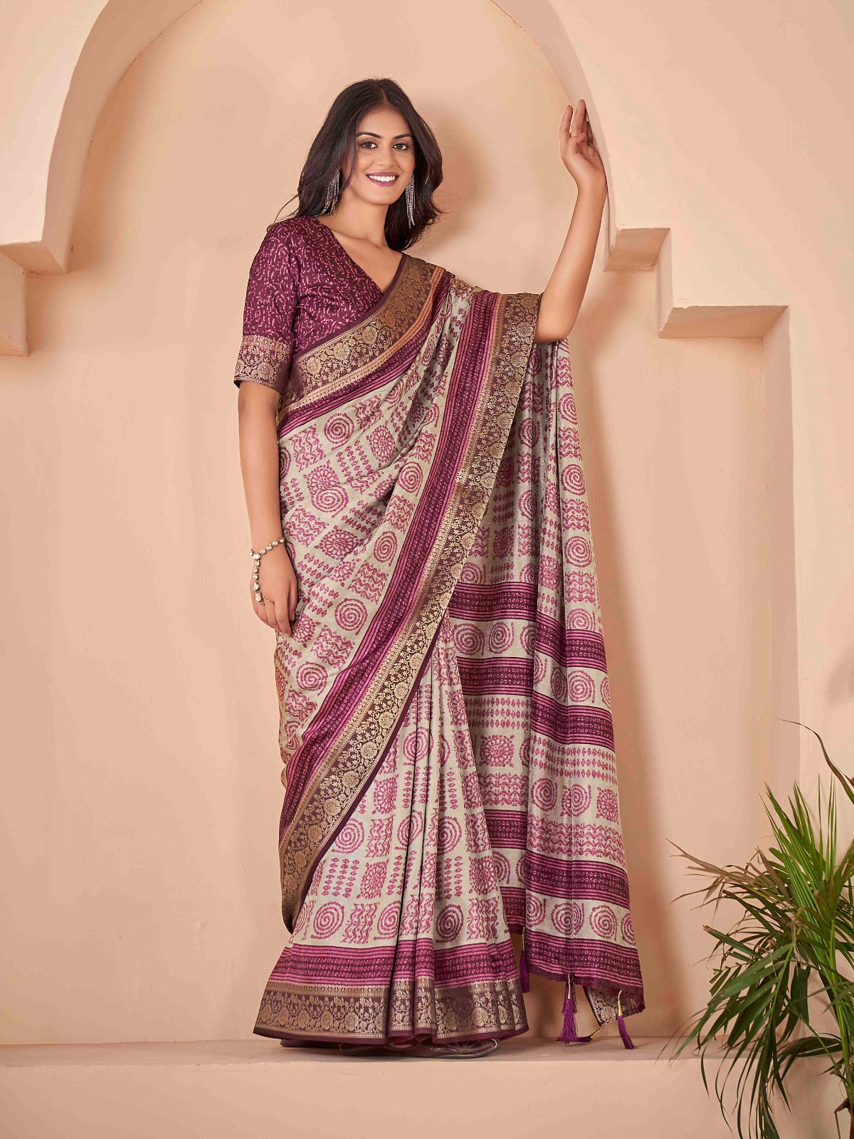 Wine Tussar Silk Self Jacquard Designer Saree