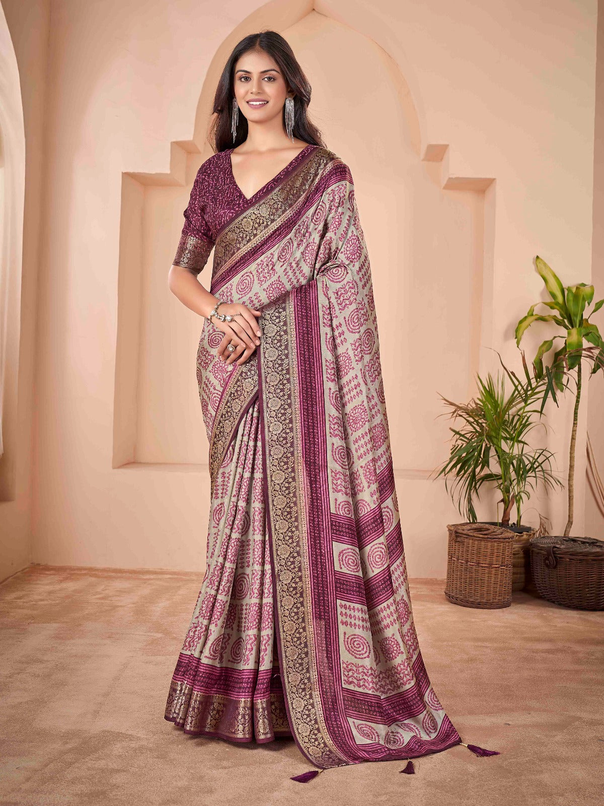 Wine Tussar Silk Self Jacquard Designer Saree