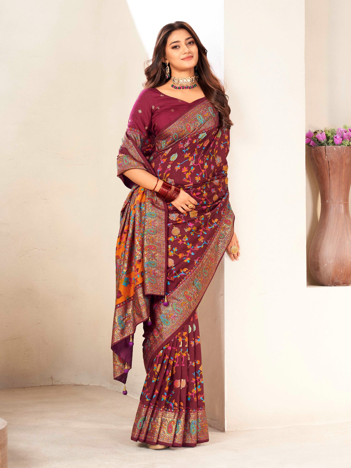 Maroon Tussar Silk Self Woven Designer Pashmina Saree