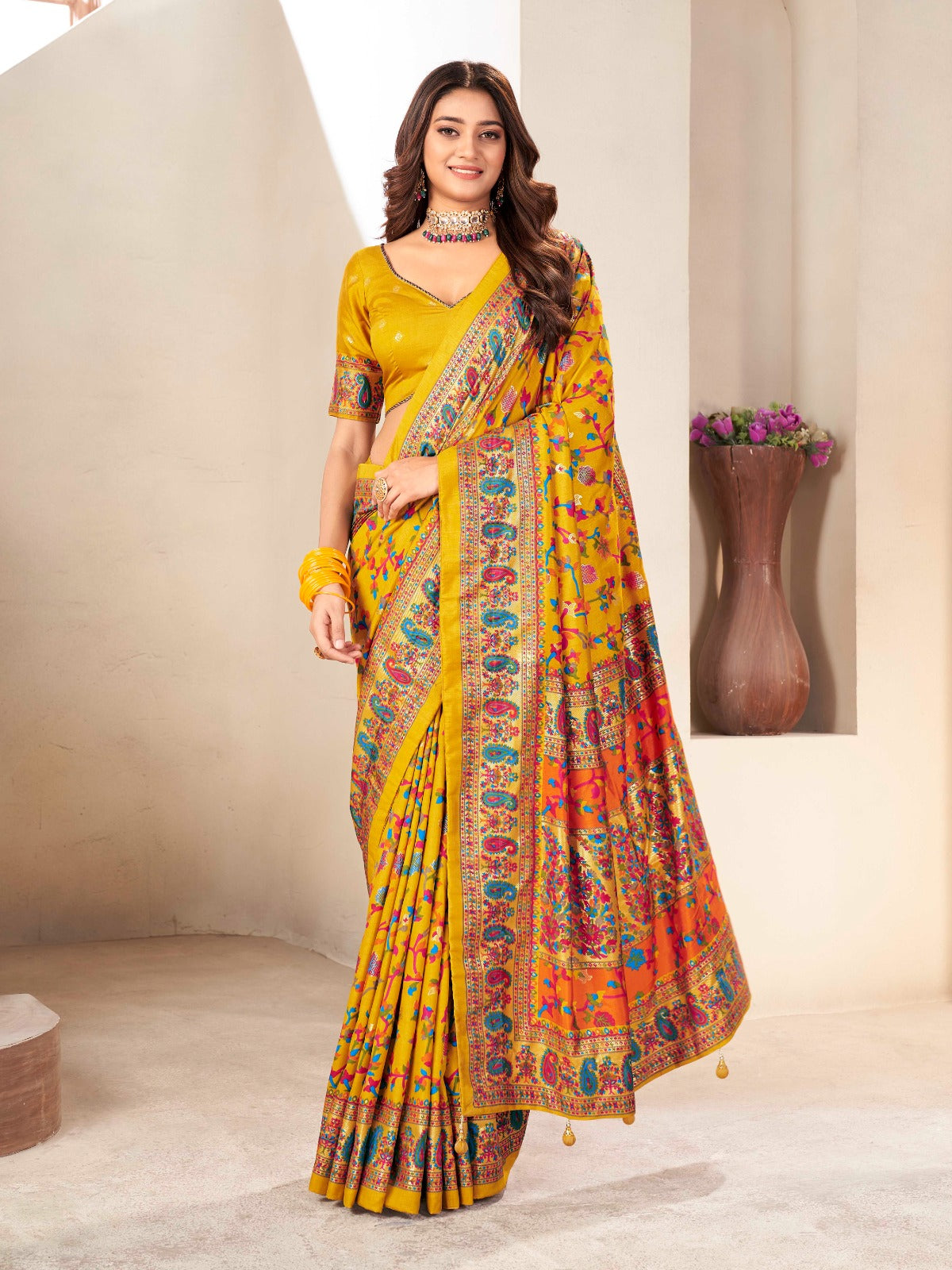 Mustard Yellow Tussar Silk Self Woven Designer Pashmina Saree