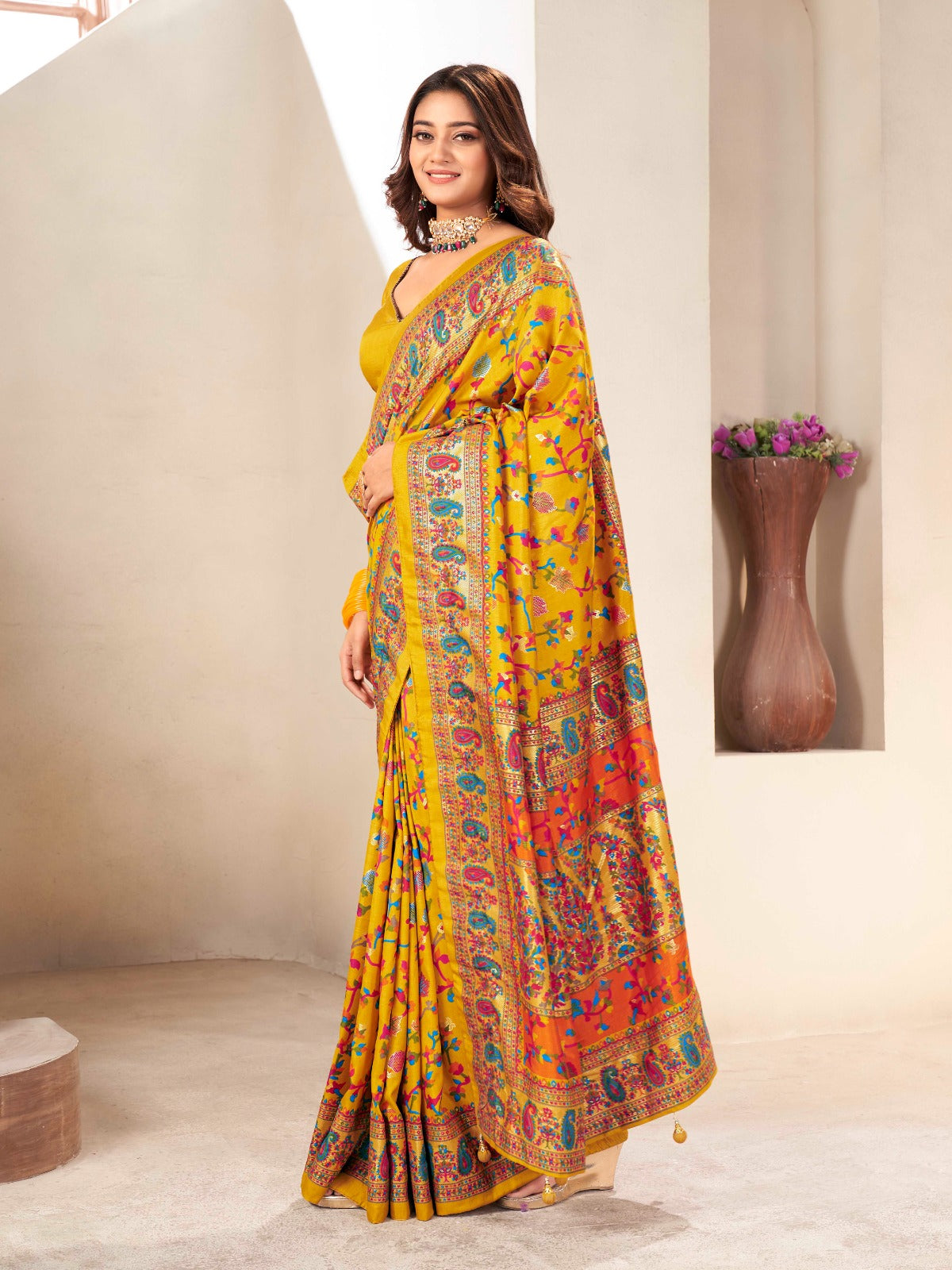 Mustard Yellow Tussar Silk Self Woven Designer Pashmina Saree