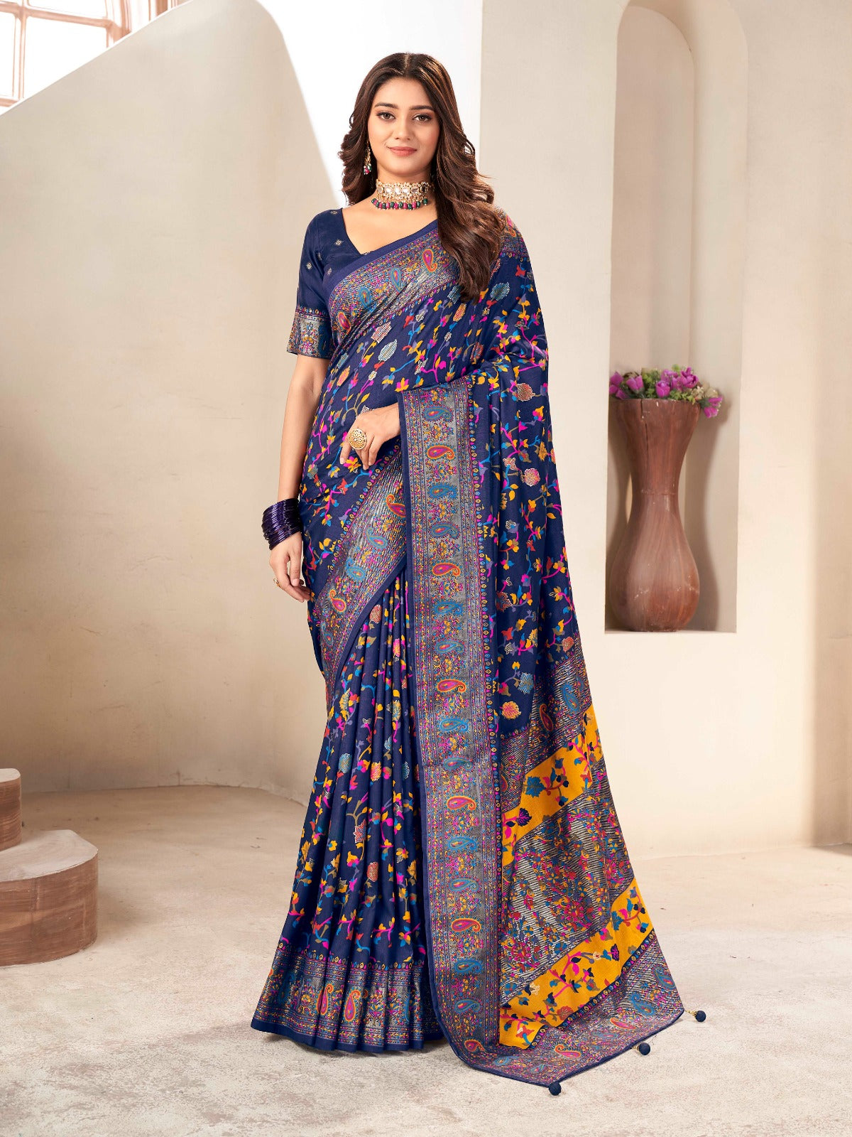 Navy Blue Tussar Silk Self Woven Designer Pashmina Saree