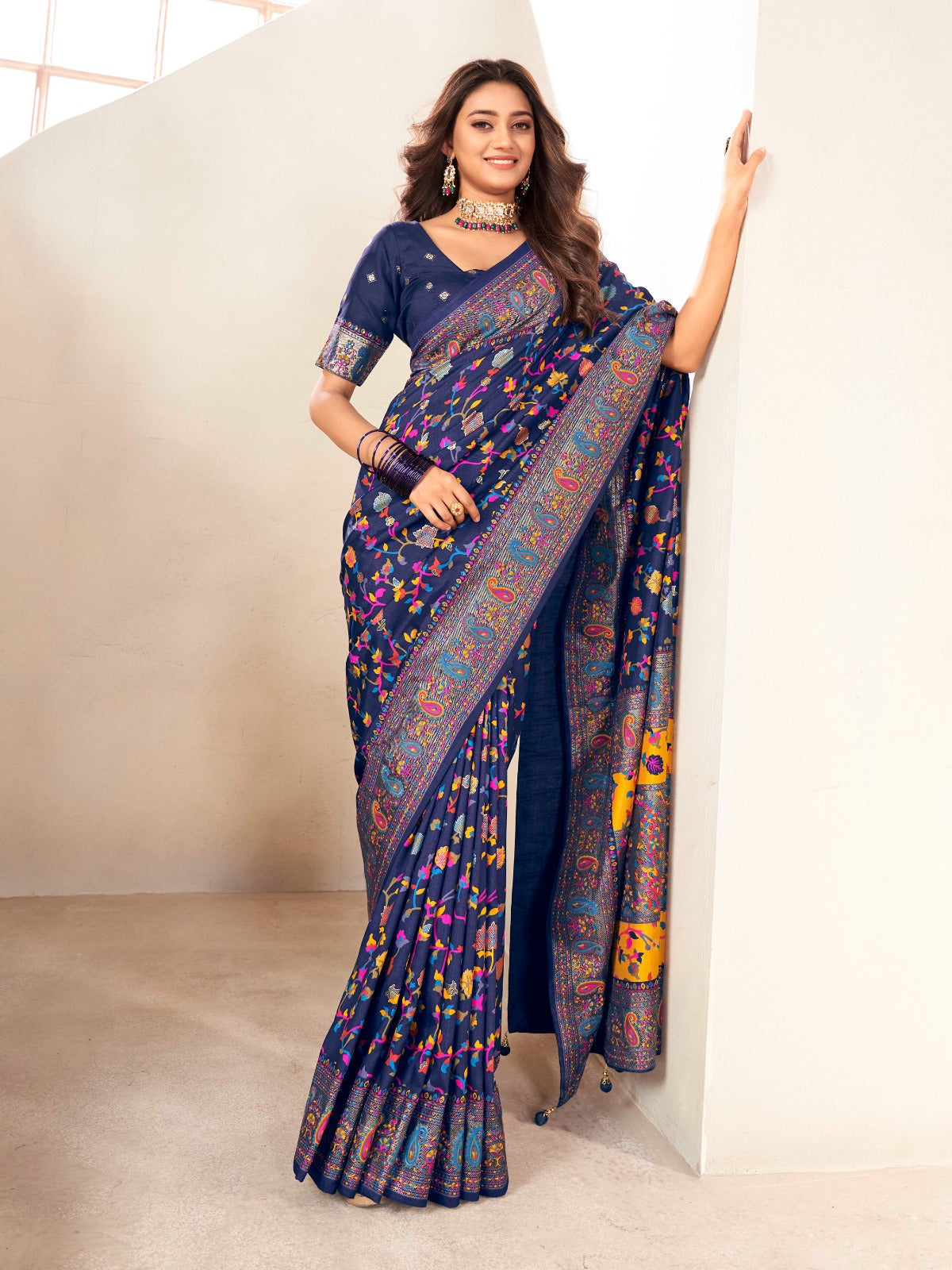 Navy Blue Tussar Silk Self Woven Designer Pashmina Saree