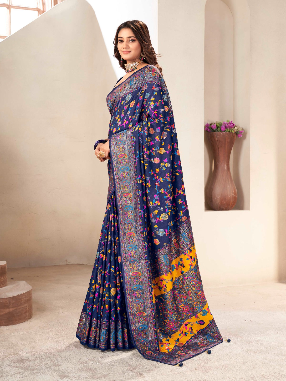 Navy Blue Tussar Silk Self Woven Designer Pashmina Saree