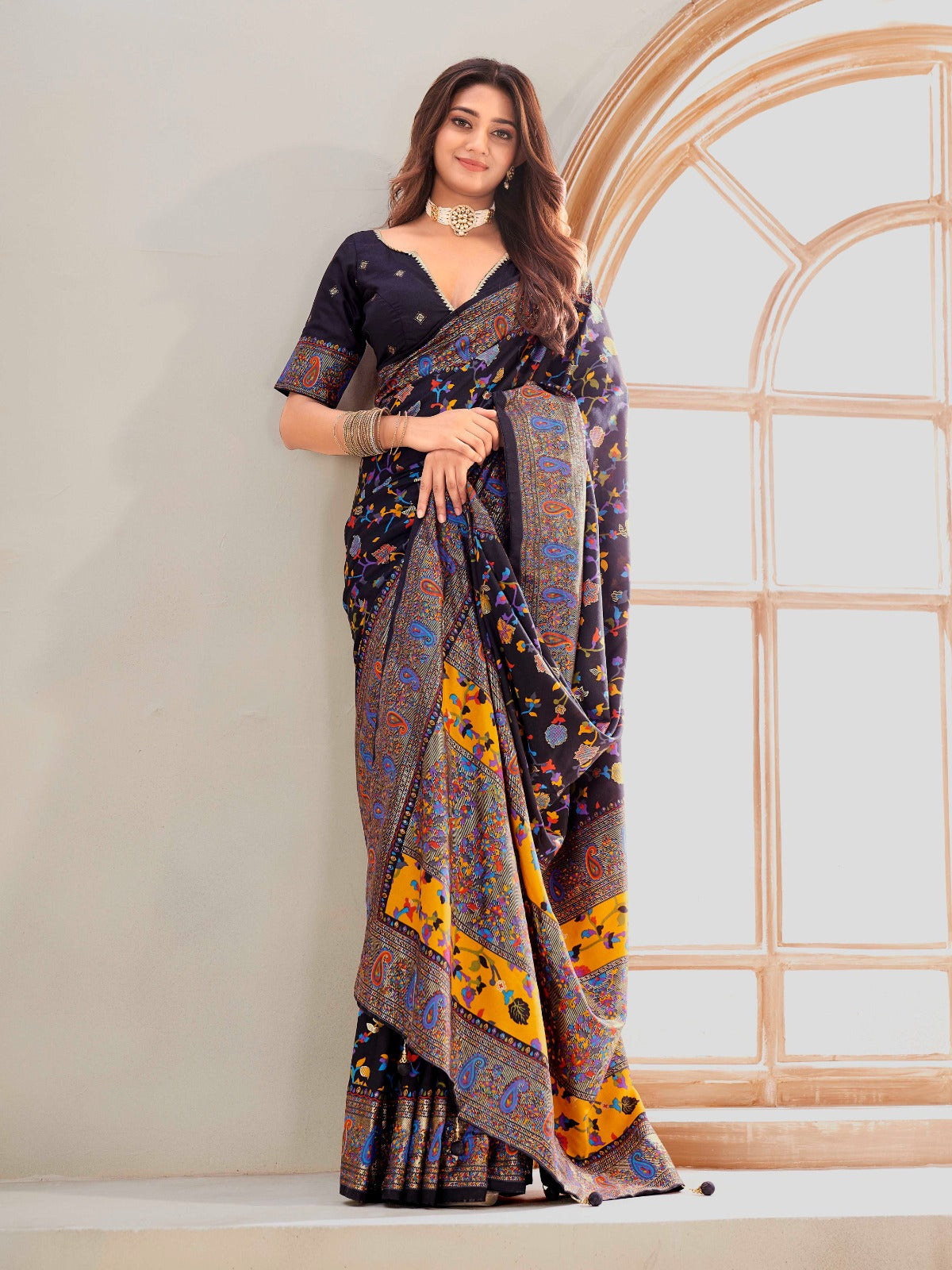 Black Tussar Silk Self Woven Designer Pashmina Saree