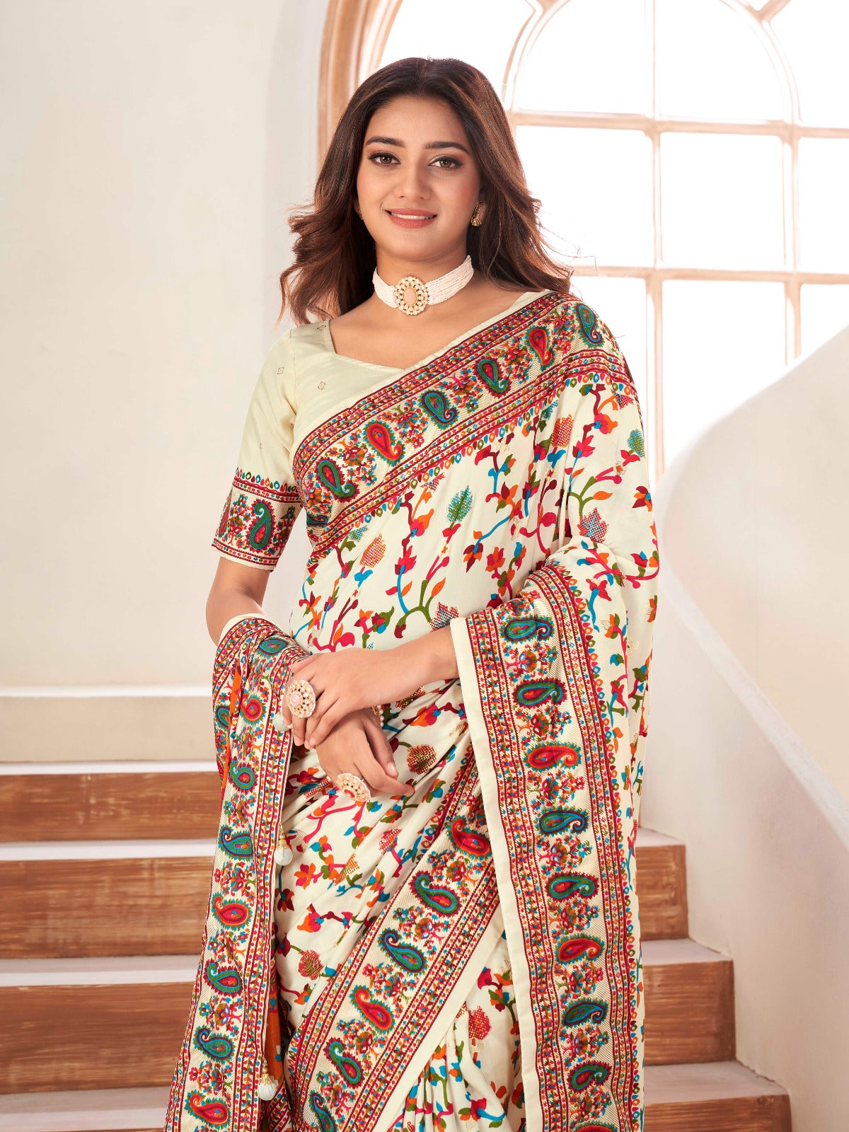 Off White Tussar Silk Self Woven Designer Pashmina Saree