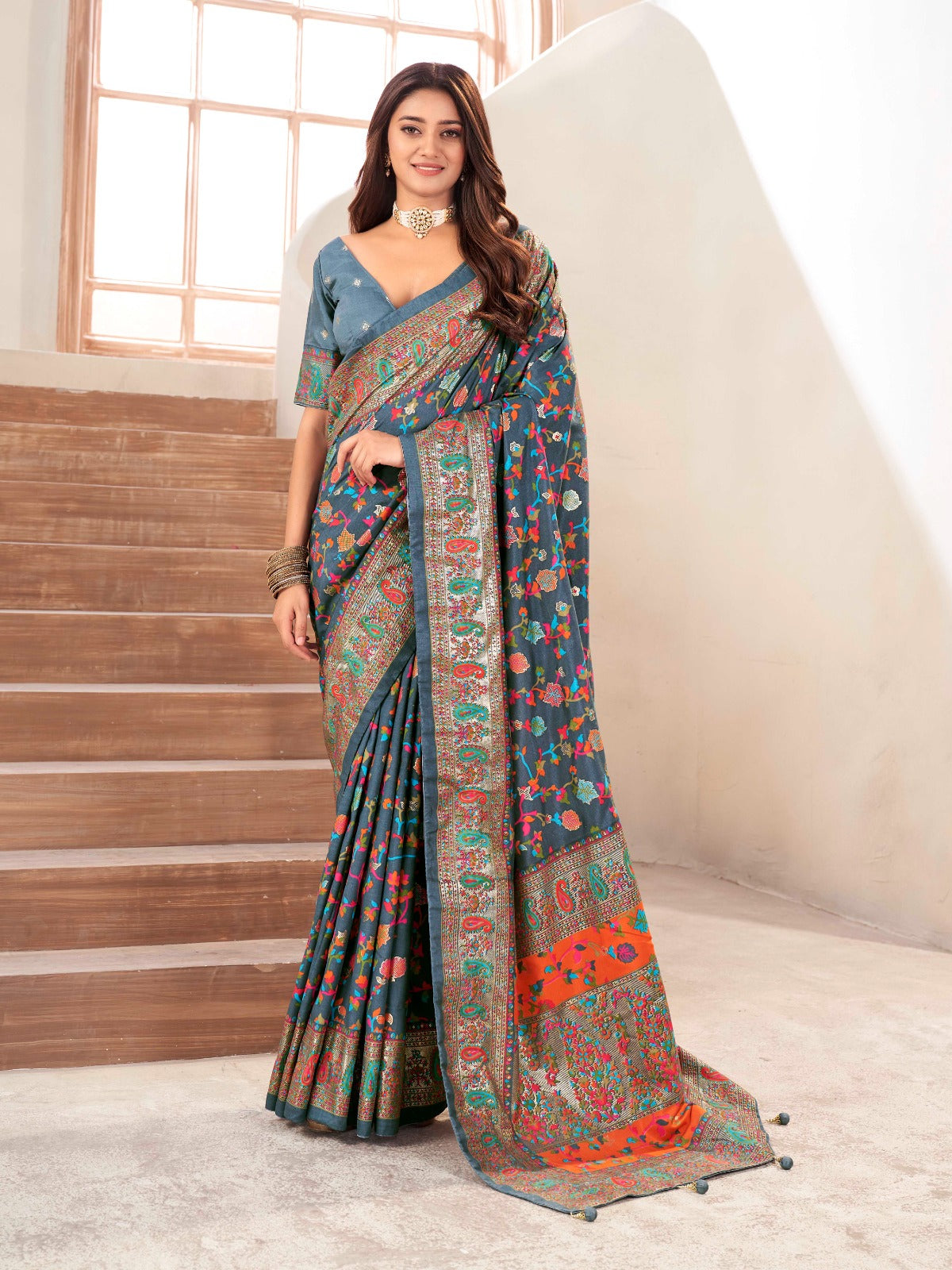 Grey Tussar Silk Self Woven Designer Pashmina Saree