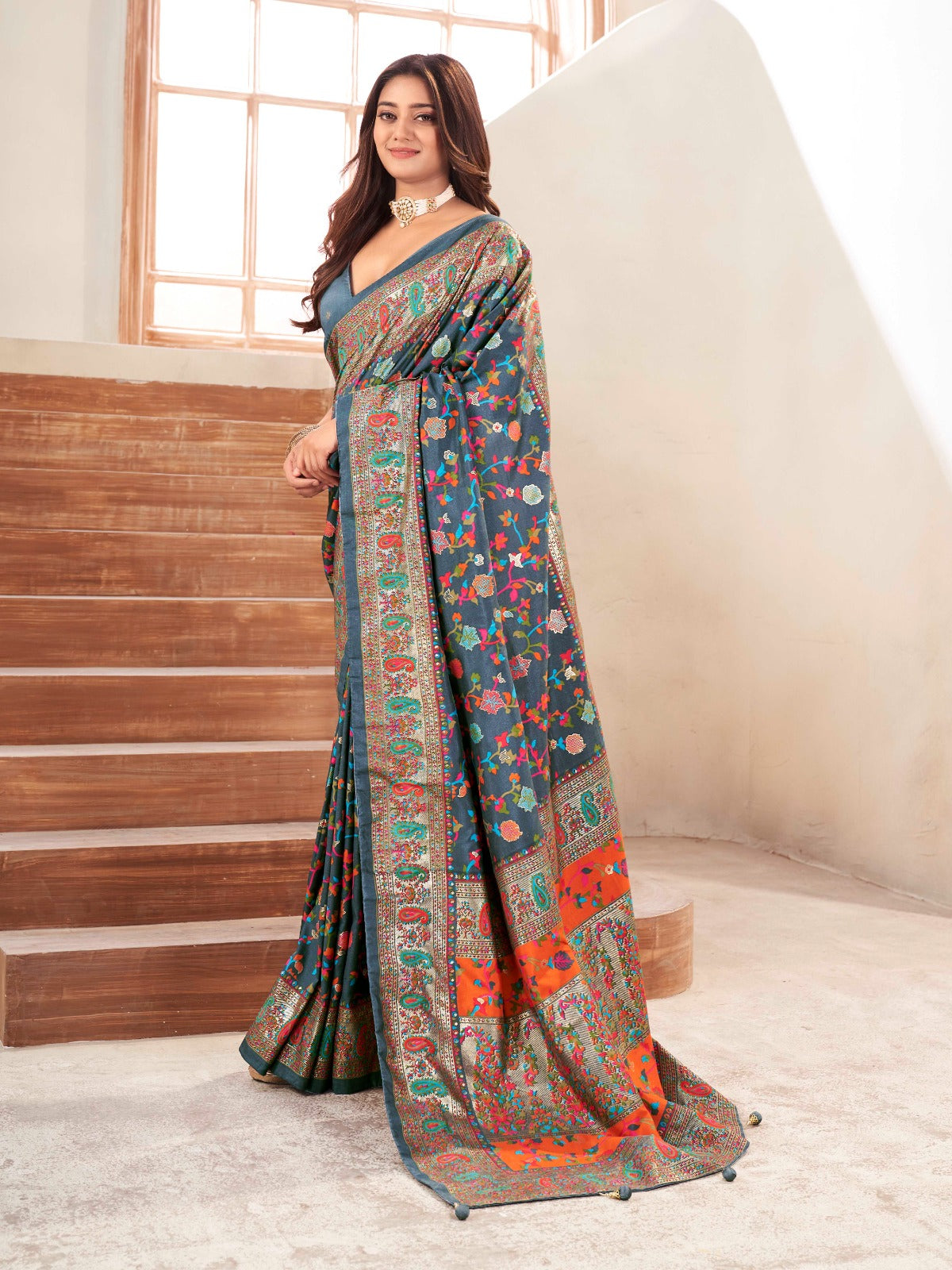 Grey Tussar Silk Self Woven Designer Pashmina Saree