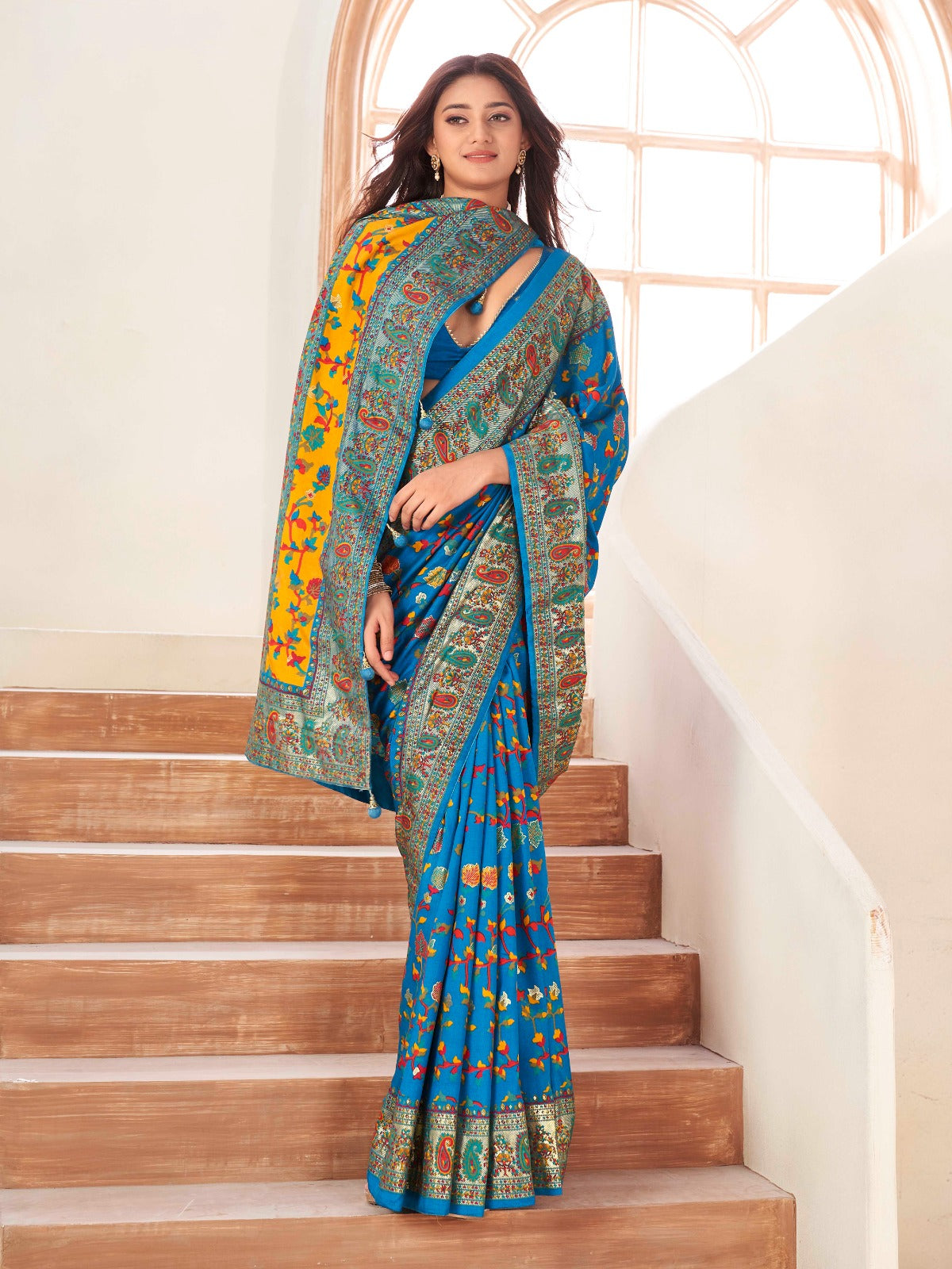 Azure Blue Tussar Silk Self Woven Designer Pashmina Saree