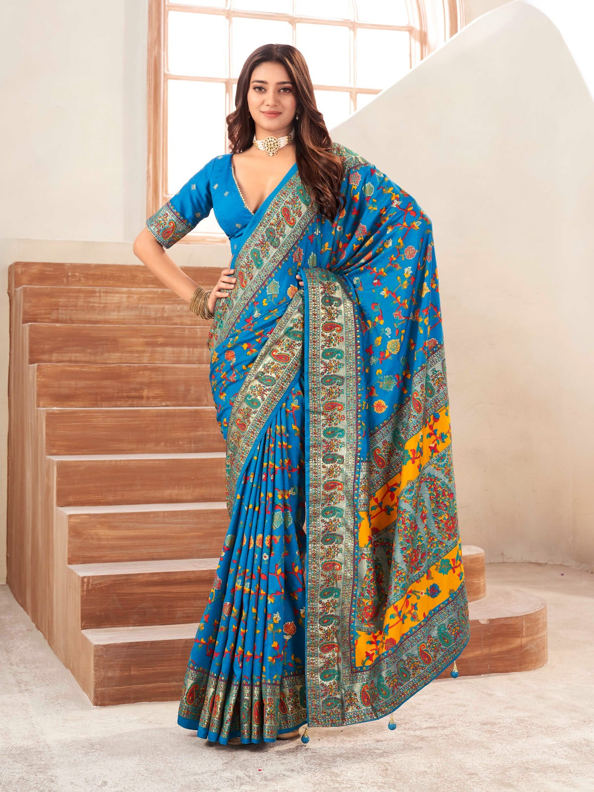 Azure Blue Tussar Silk Self Woven Designer Pashmina Saree