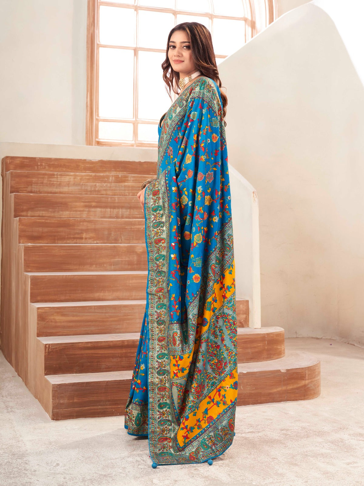 Azure Blue Tussar Silk Self Woven Designer Pashmina Saree