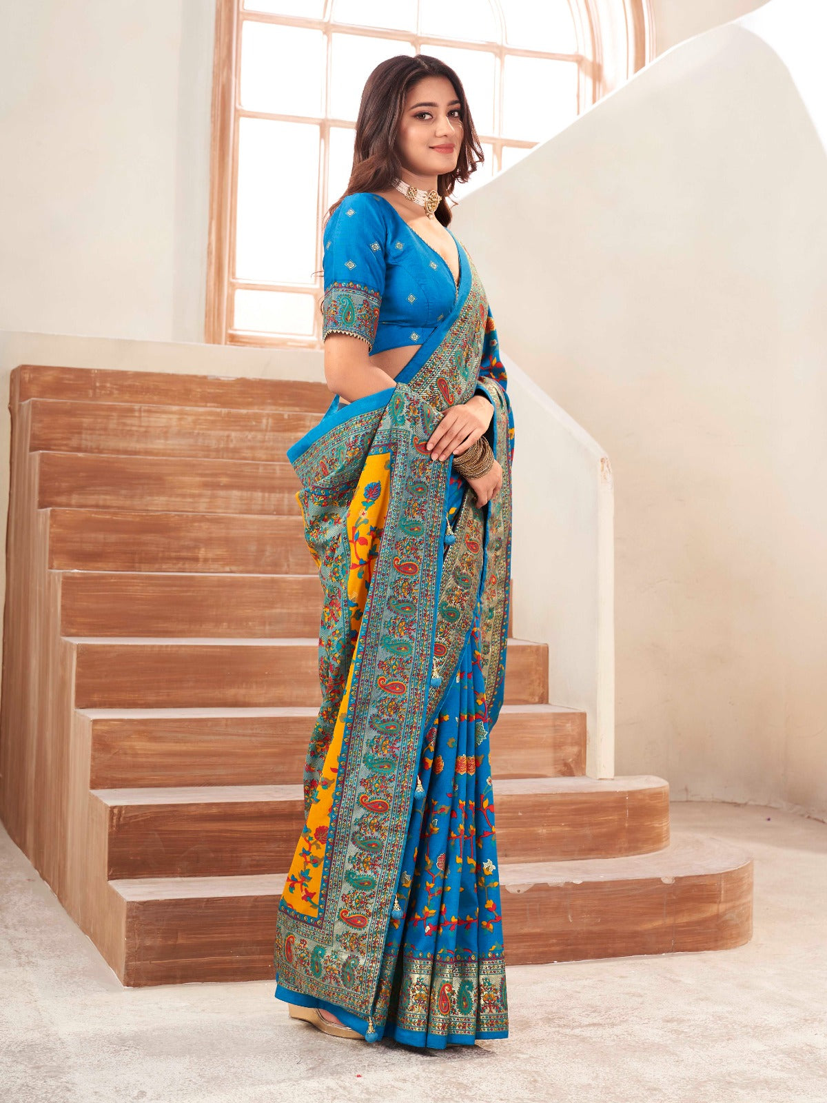 Azure Blue Tussar Silk Self Woven Designer Pashmina Saree