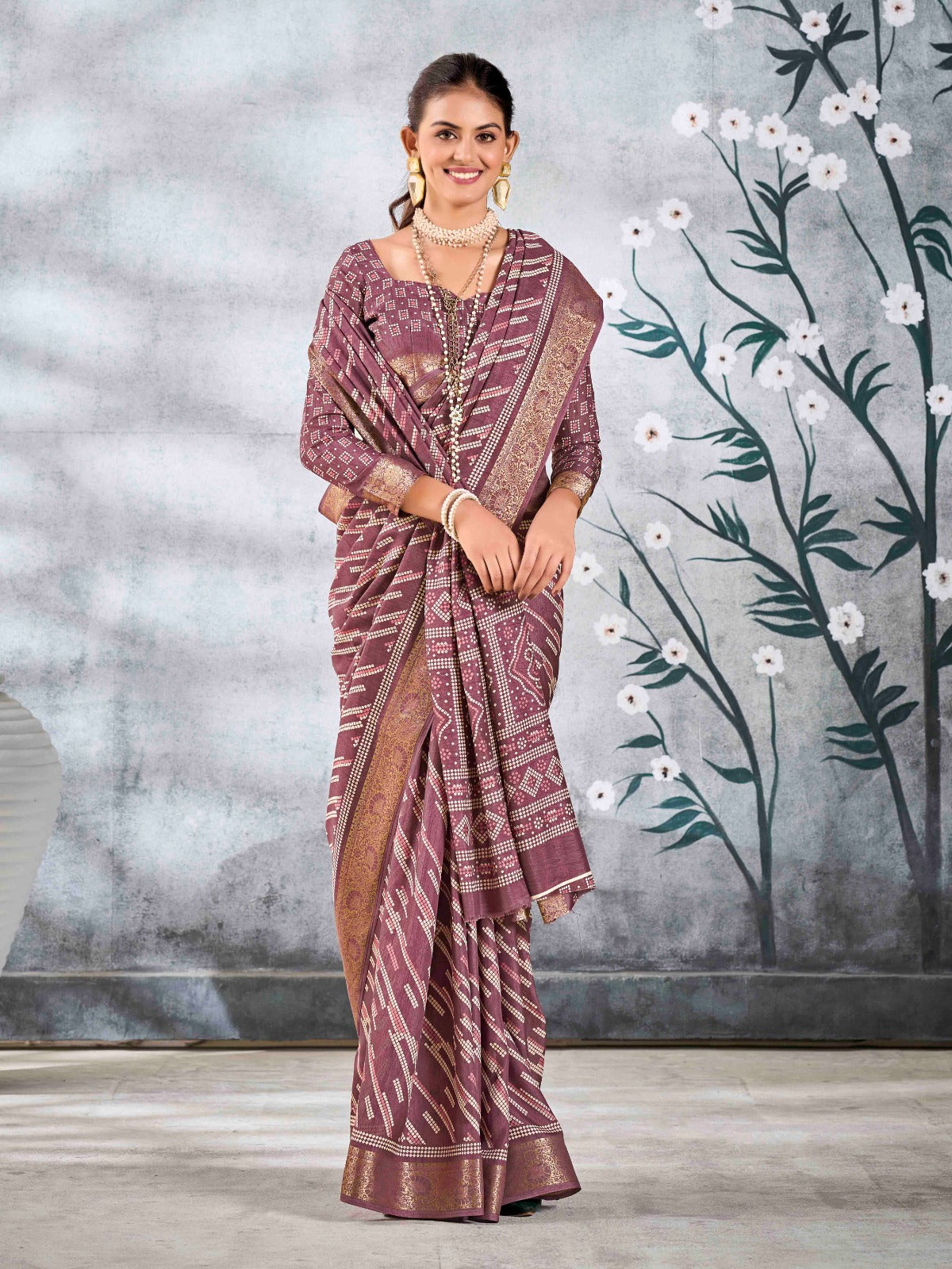 Mauve Purple Dola Silk Printed Saree With Zari Border