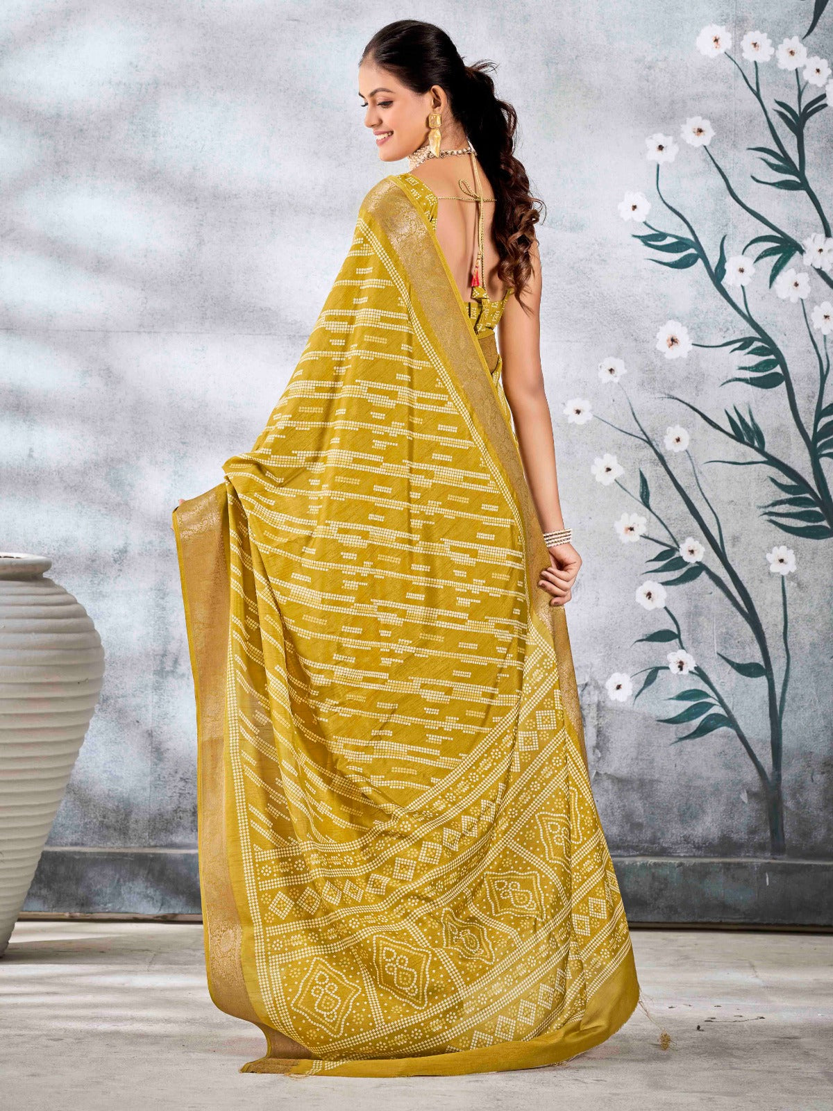 Mustard Yellow Dola Silk Printed Saree With Zari Border