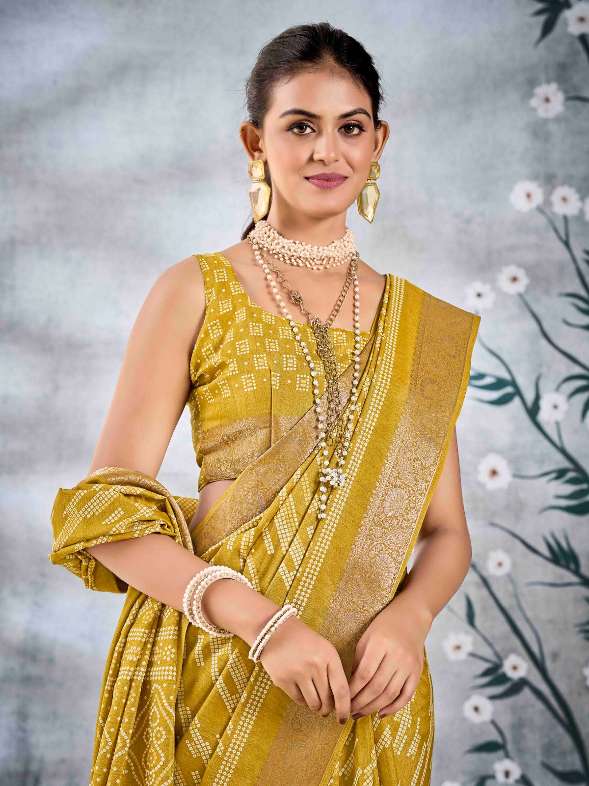 Mustard Yellow Dola Silk Printed Saree With Zari Border