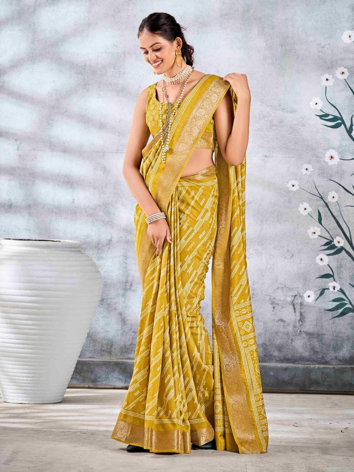 Mustard Yellow Dola Silk Printed Saree With Zari Border