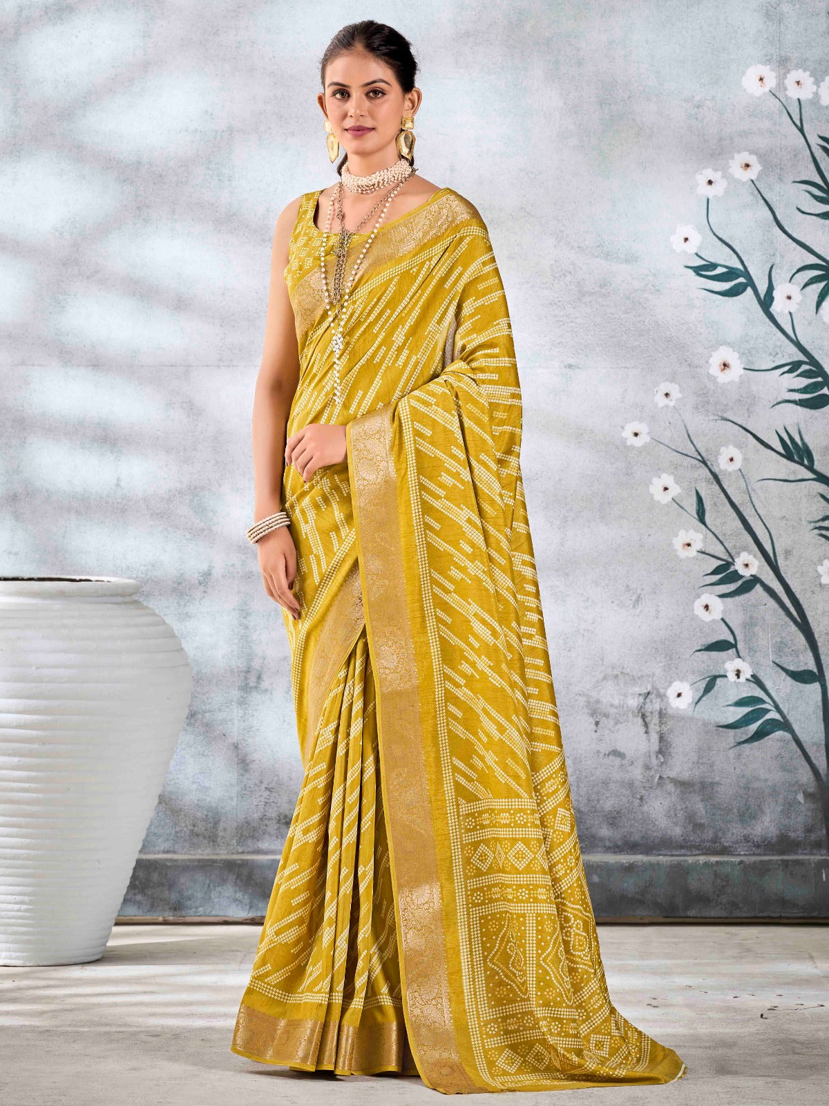 Mustard Yellow Dola Silk Printed Saree With Zari Border