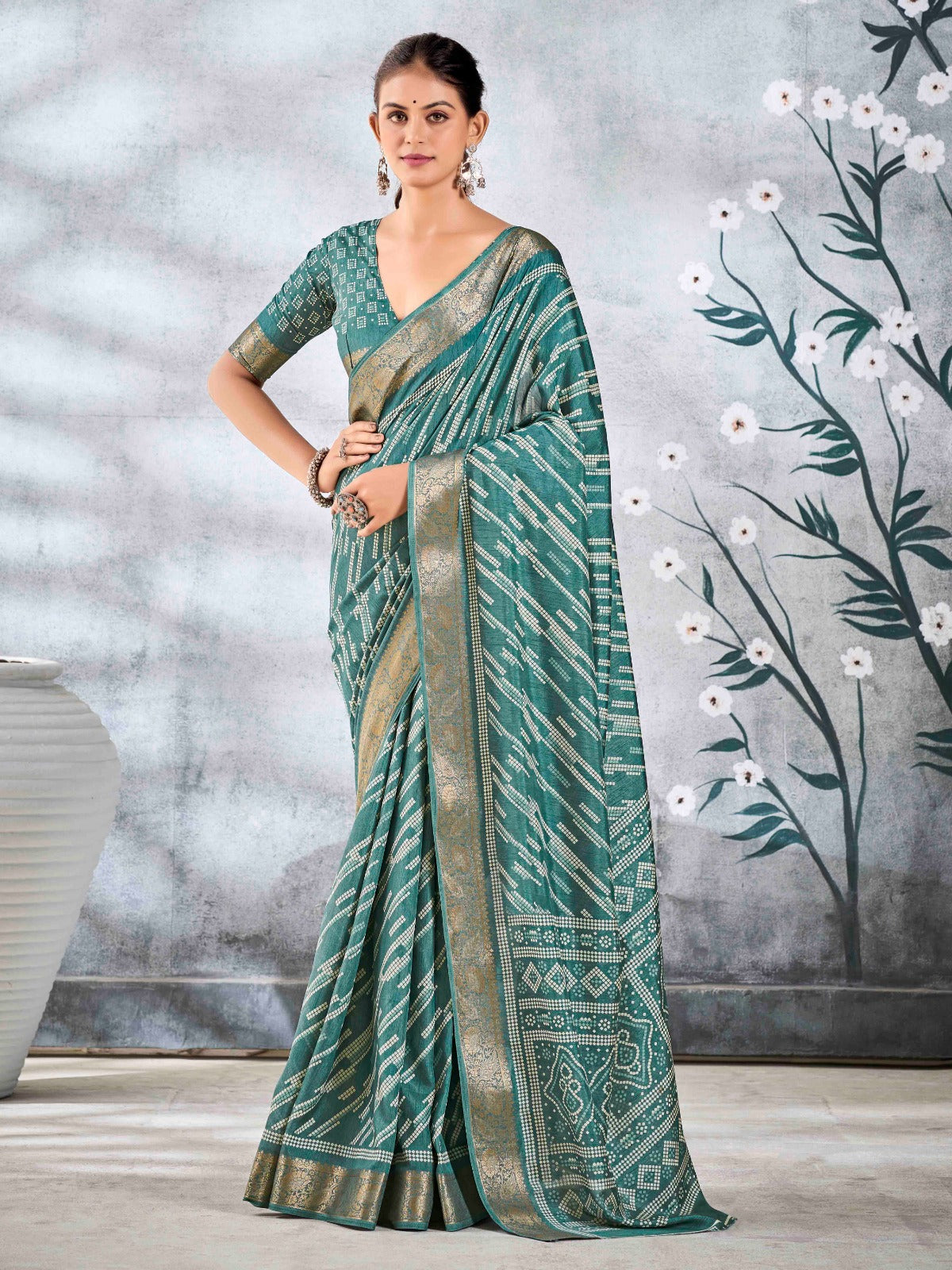 Sage Green Dola Silk Printed Saree With Zari Border