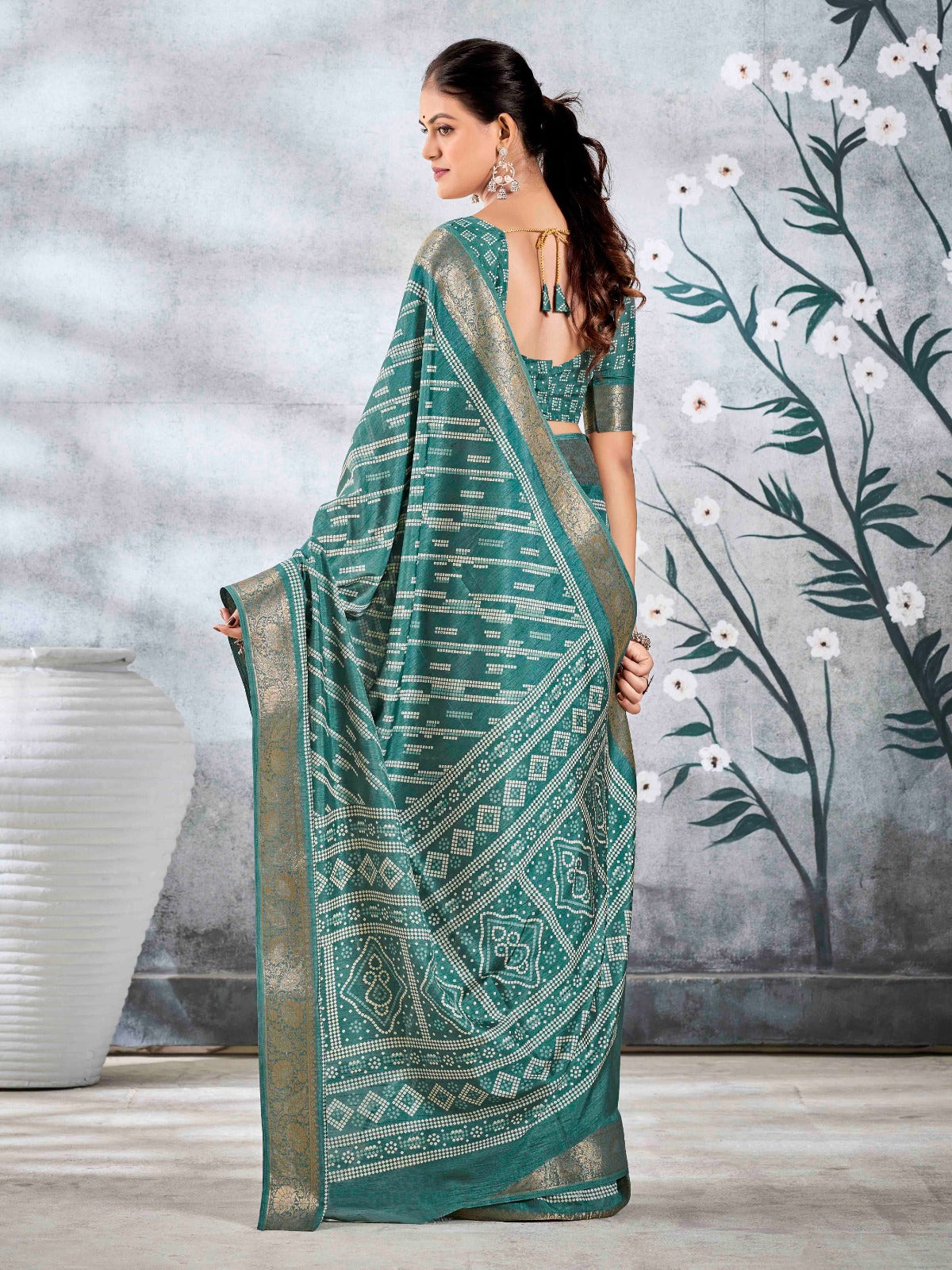 Sage Green Dola Silk Printed Saree With Zari Border