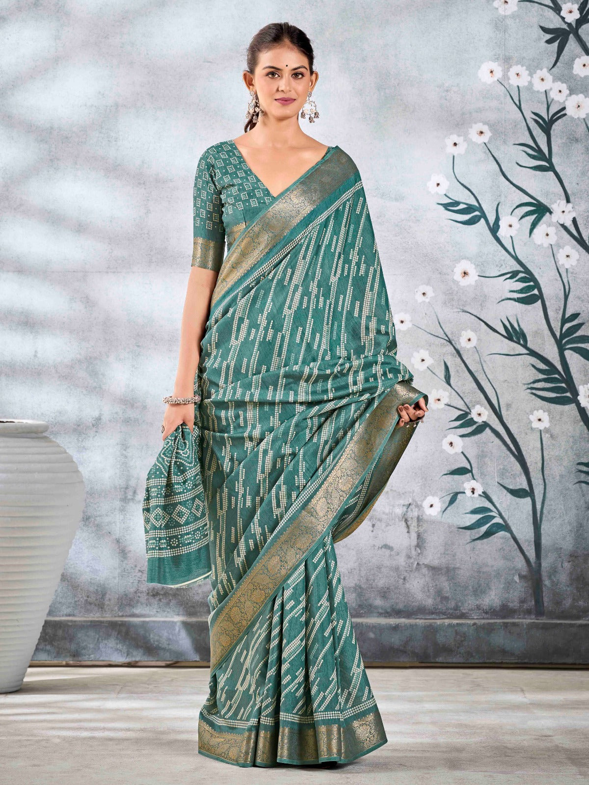 Sage Green Dola Silk Printed Saree With Zari Border