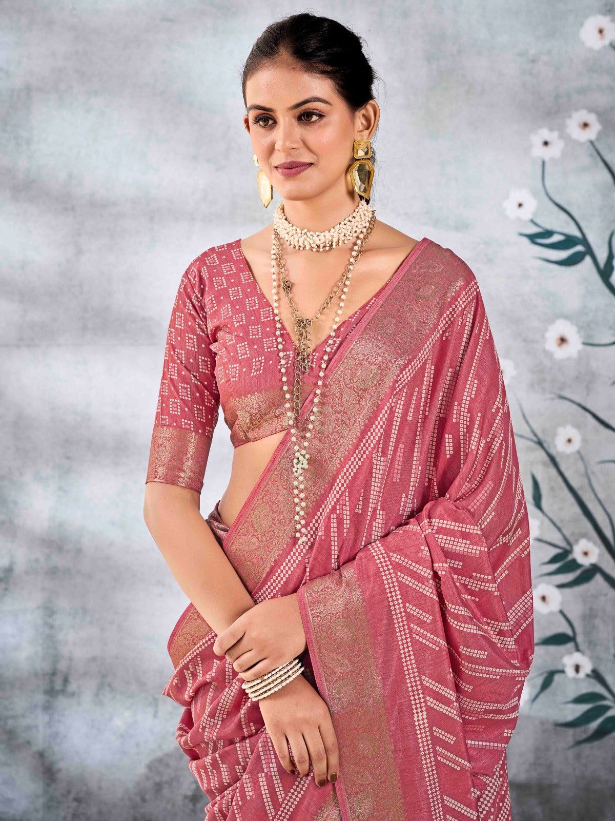 Rose Pink Dola Silk Printed Saree With Zari Border