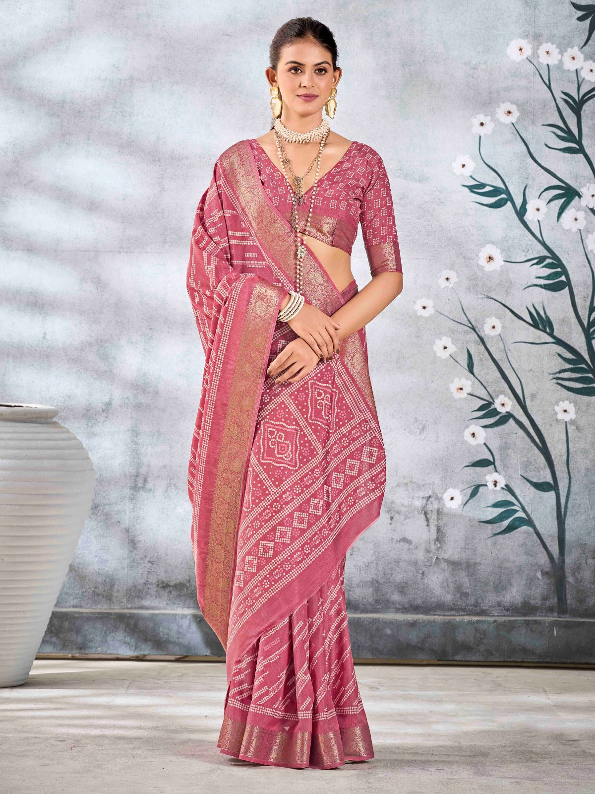 Rose Pink Dola Silk Printed Saree With Zari Border